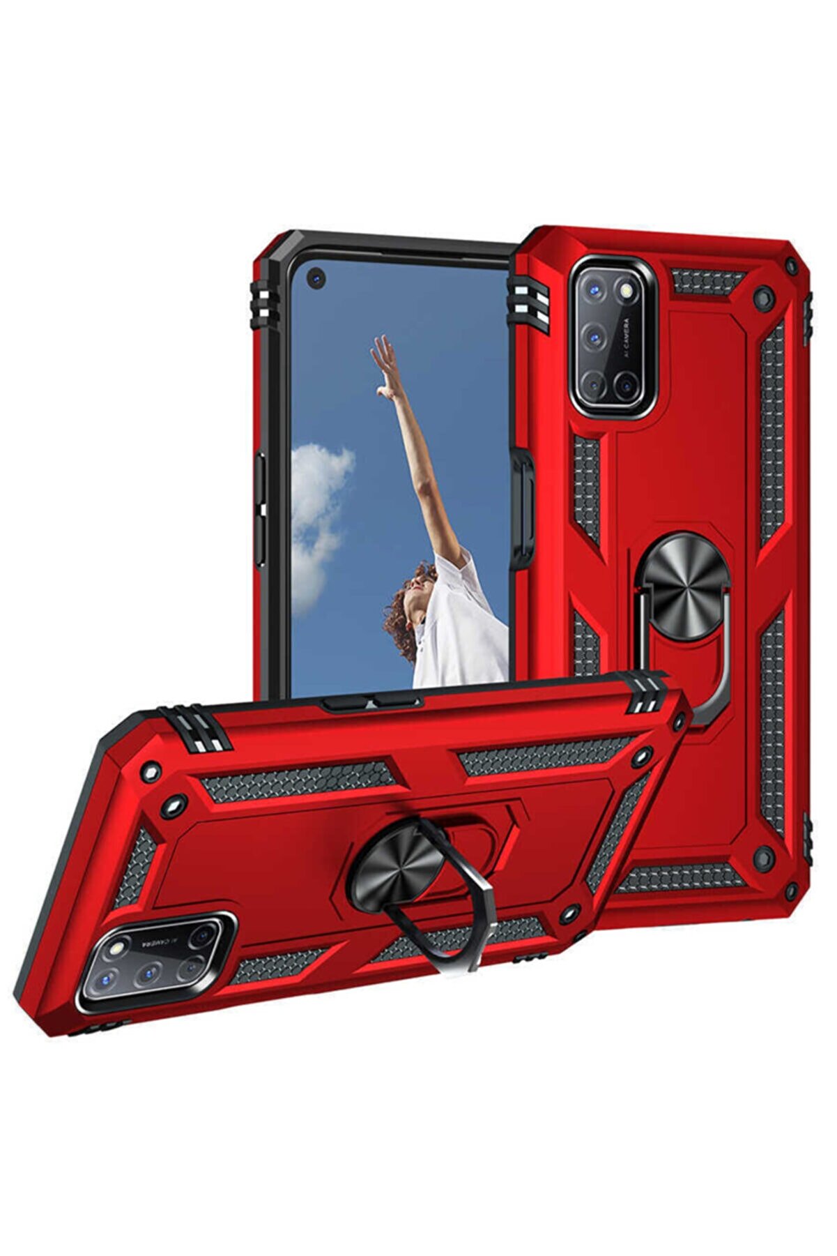 Nezih Case Oppo A72 Uyumlu Yüzüklü (STANDLI) Zırh Kılıf Kırmızı