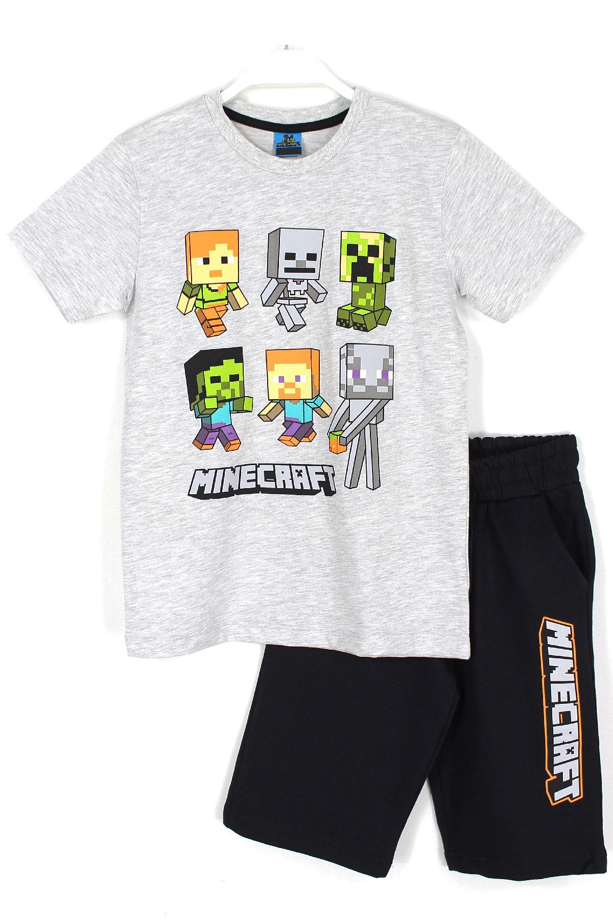 Minecraft Karakterleri Baskılı Erkek Çocuk Kapri T-shirt 2'li Takım Gri Siyah