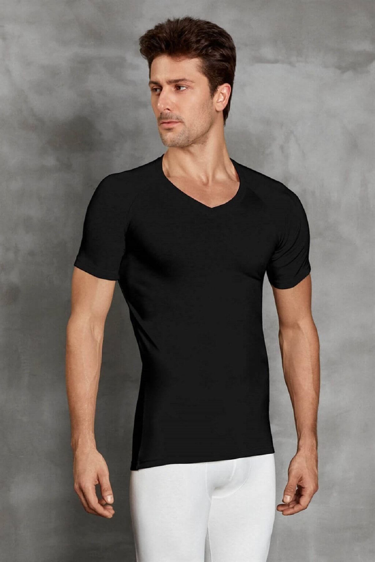 Doreanse Erkek Çift Etkili Ekstra Viloft Termal V Yaka Kısa Kol Içlik T-shirt Siyah