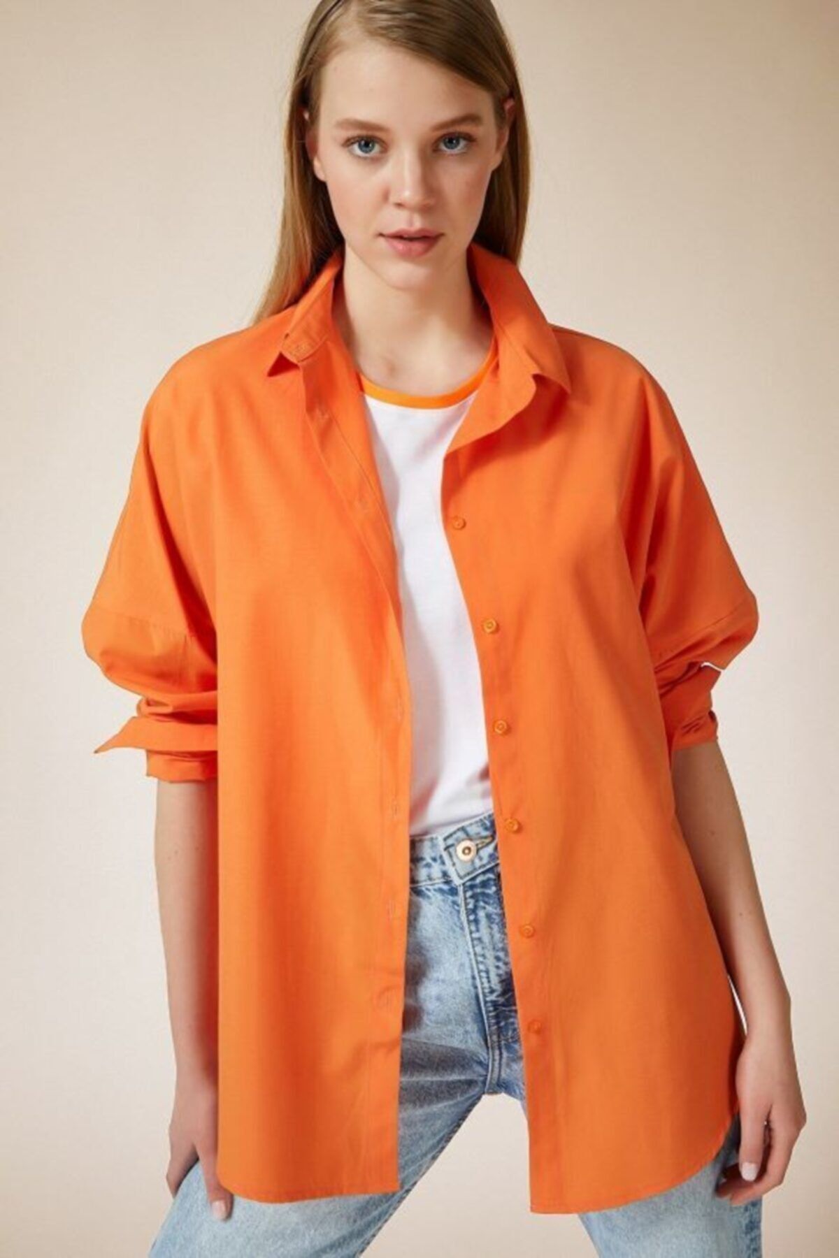 VOLT CLOTHİNG Kadın Oranj Oversize Uzun Basic Gömlek