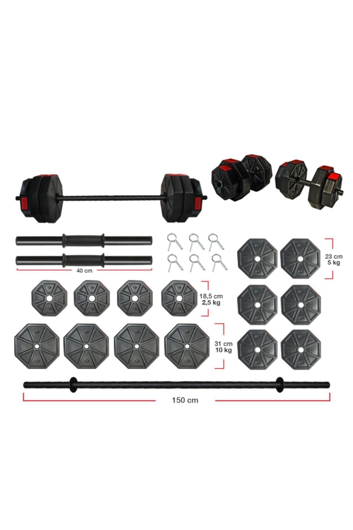 TAN SPOR 80 Kg Düz Barlı ( 150 Cm ) Dambıl Halter Ağırlık Fitness Seti Kırmızı Kapaklı