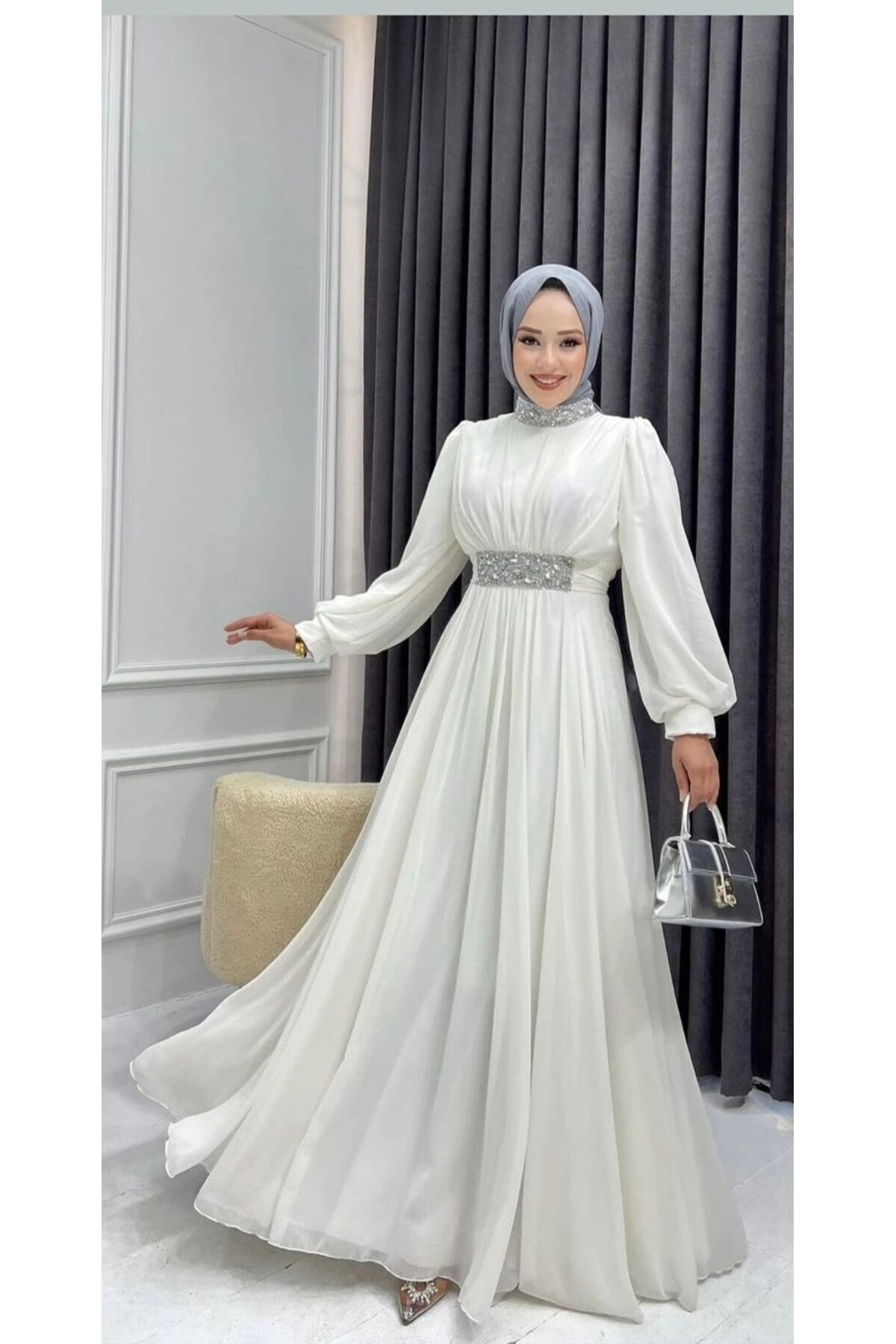 GÜZELLER Beli Ve Boğazı Taş İşlemeli Kuşaklı Şifon İsteme Söz Nişan Nikah Elbisesi Abiyesi