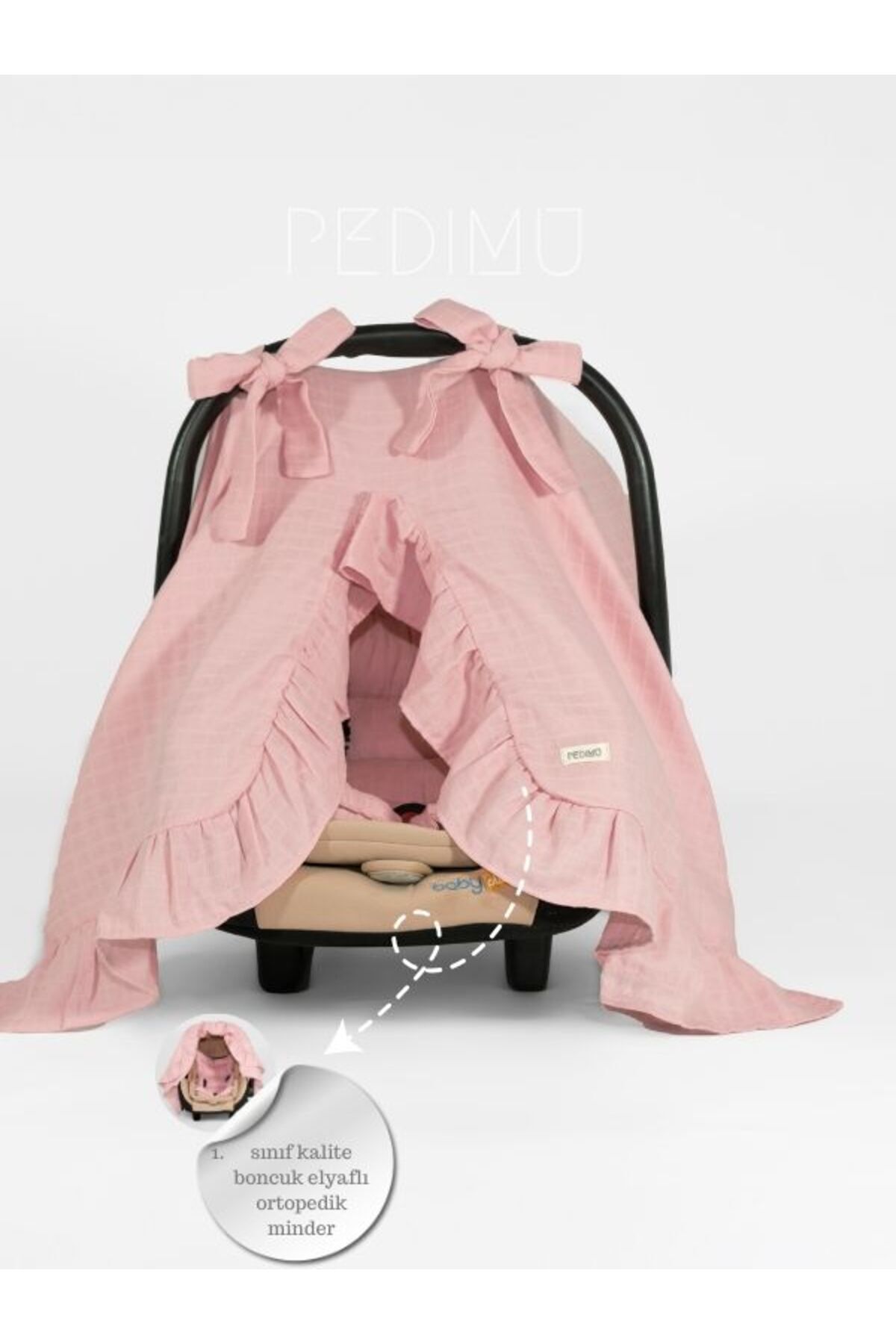 Pedimu Müslin Gül Pembe Renk Fırfır Detaylı Puset Örtüsü Ve Puset Minderi Set