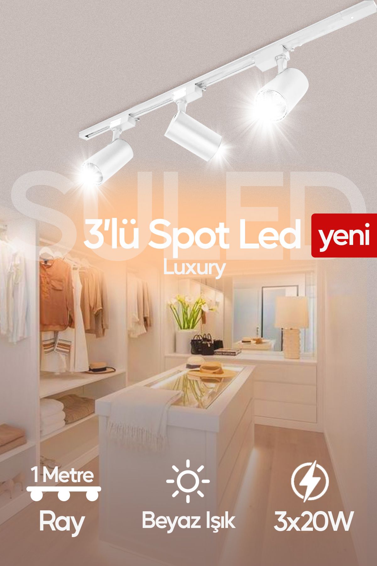 SULED Spot Işık 3'lü Set Beyaz Led Işıklı Beyaz Kasa 30w 1 Metre Raylı 3 Adet Ray Spot Lamba Armatür