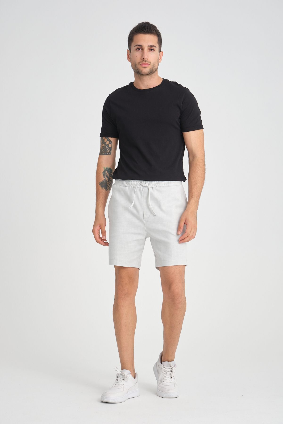 MERİCEY Erkek Beli Bağcıklı Gri Gabardin Şort
