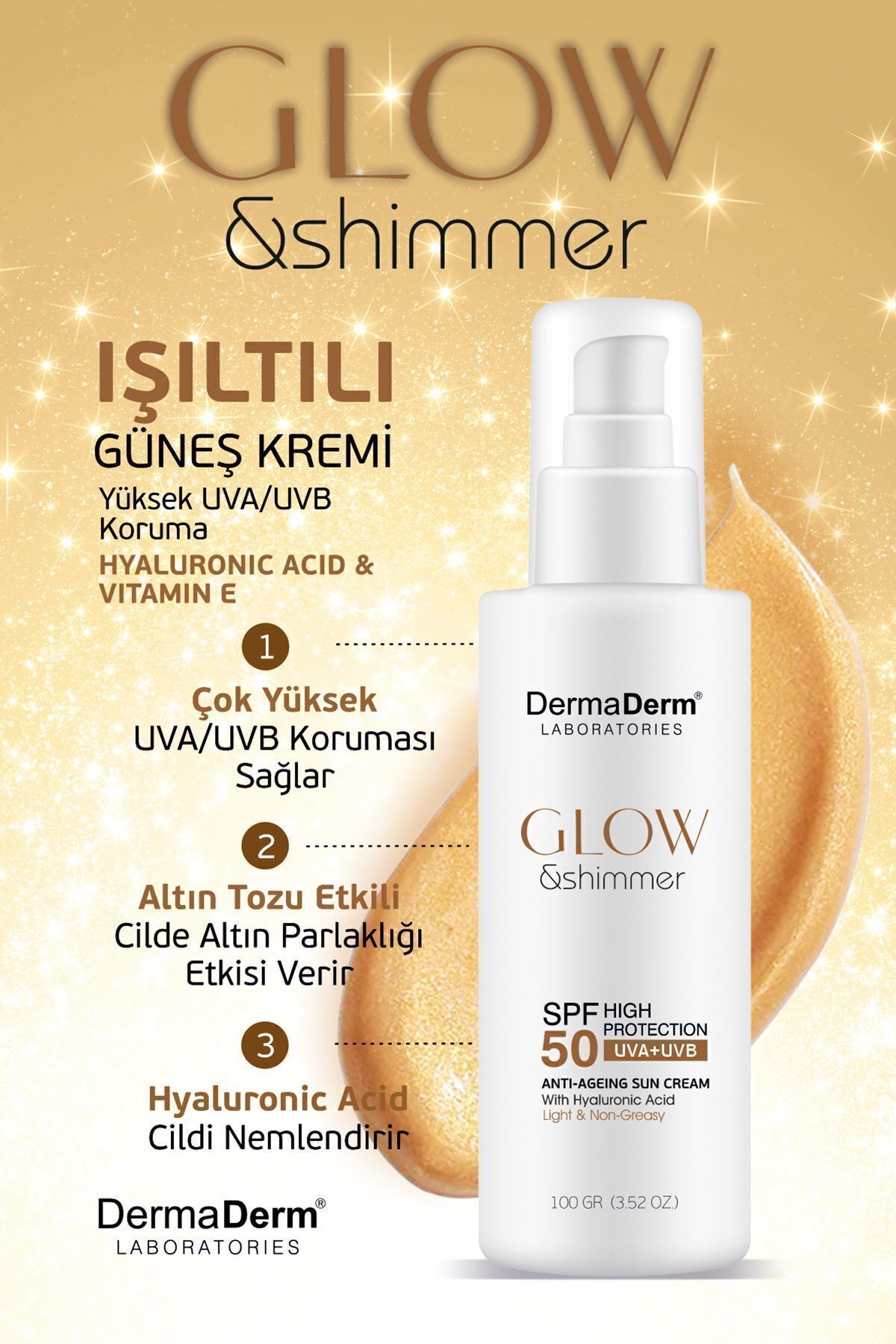 DermaDerm Glow Yüz ve Vücut İçin Işıltılı Simli Güneş Kremi Spf 50 UVA/UVB