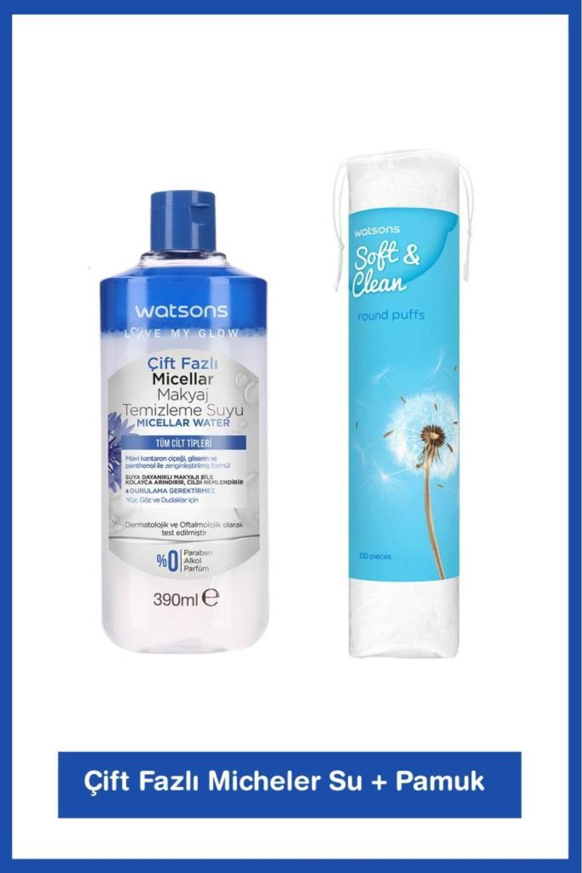 Watsons Çift Fazlı Micellar Su 390 ml Yuvarlak Makyaj Pamuğu 100 Adet