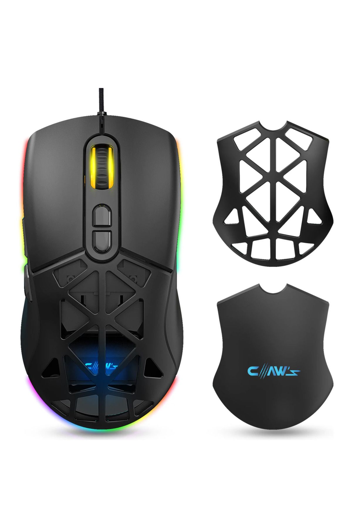 Claws X1 12800 Dpi Uyumlu Wide RGB Özel ABS Doku, Örgü Kablolu Değiştirilebilir Kapaklı Gaming Mouse Siyah