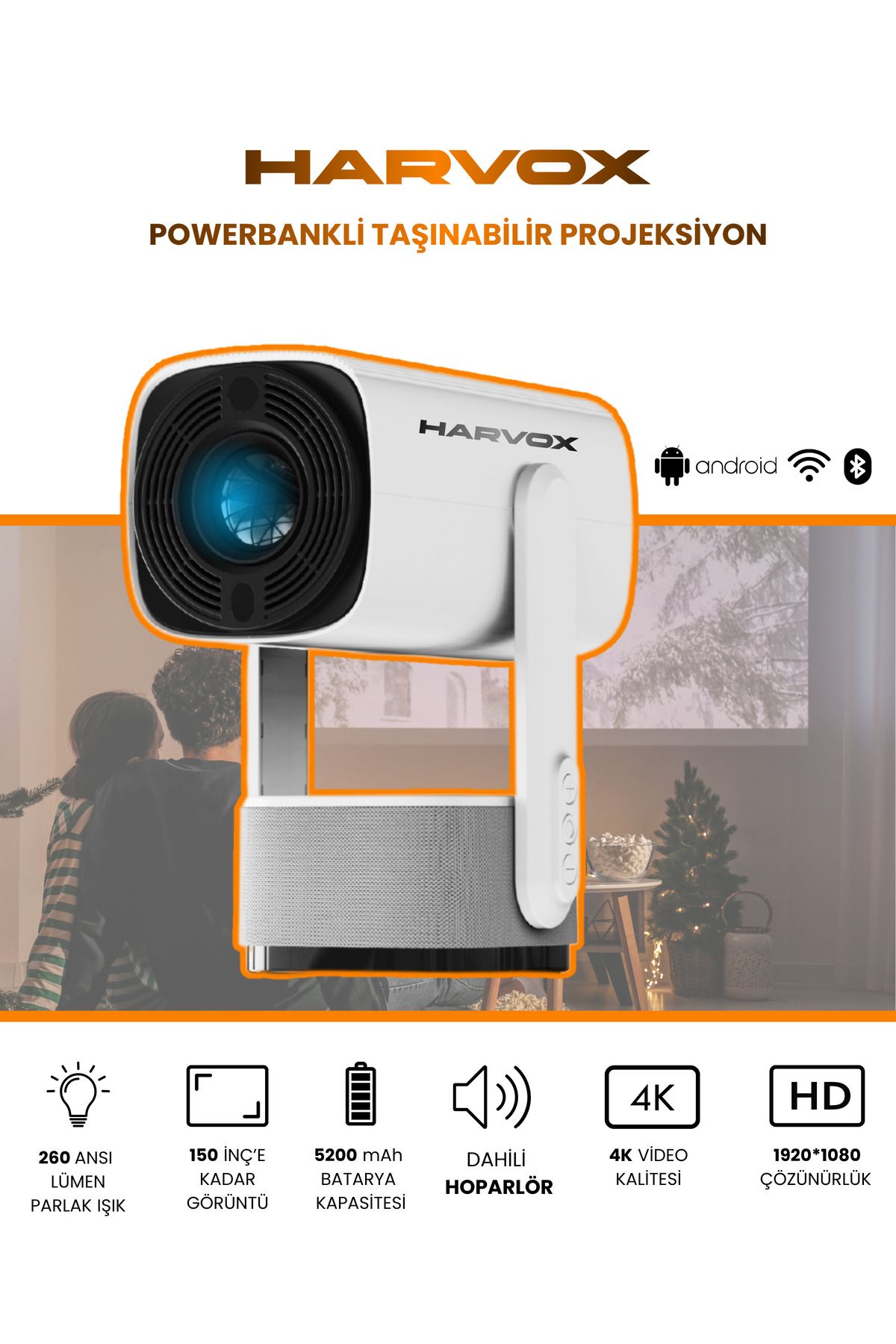 SEYUWATCH Taşınabilir Powerbankli 4K Destekli 1080P  Android Sistemli Sinema Projeksiyon Cihazı