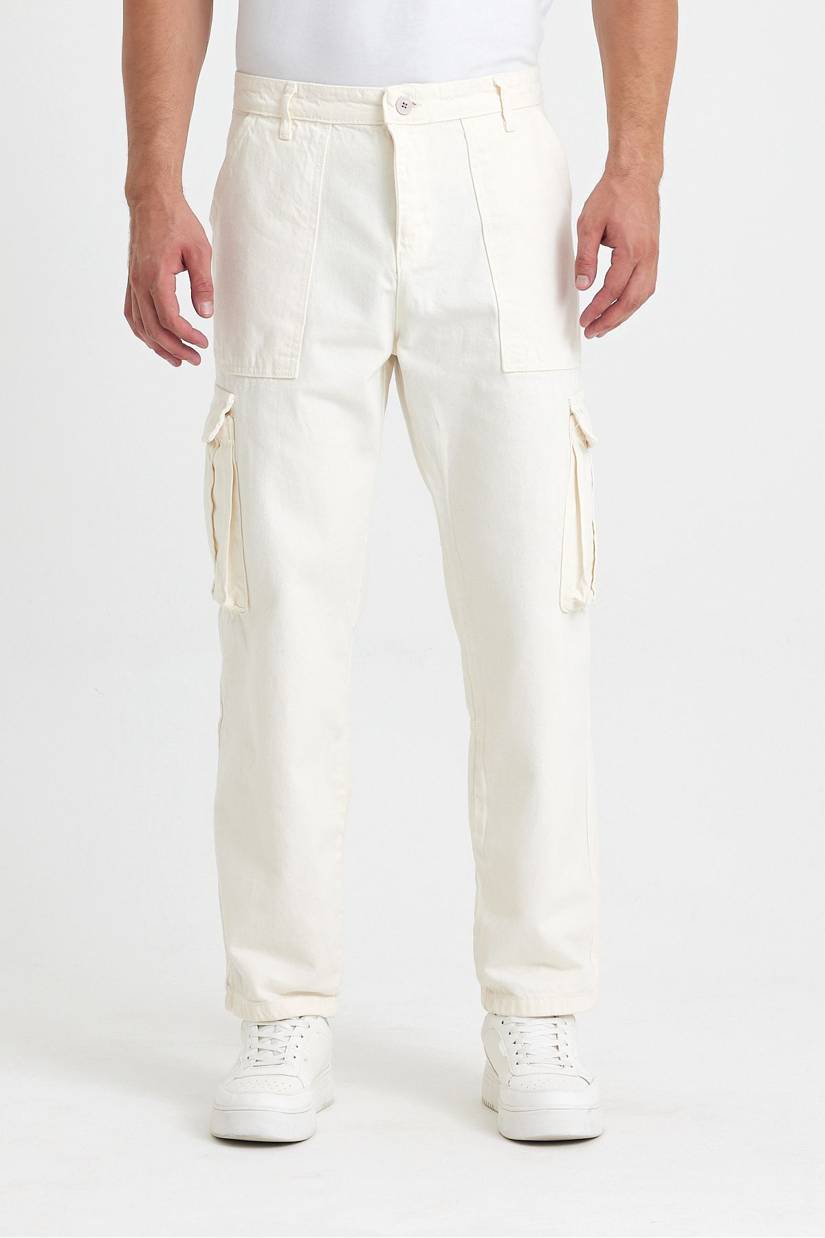 Tarz Cool Erkek Kargo Cep Baggy Pantolon Kırık Beyaz Rengi
