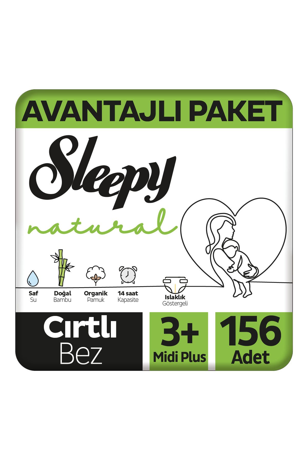 Sleepy Natural Avantajlı Paket Bebek Bezi 3+ Numara Midi Plus 156 Adet