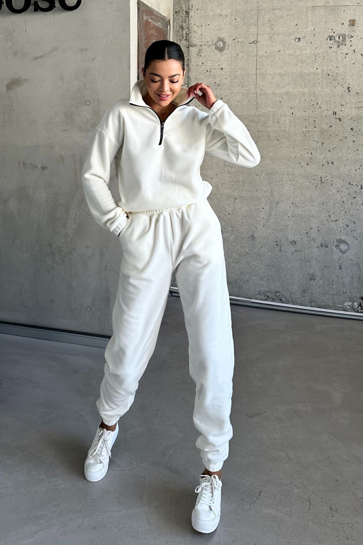 MODAGEN Unisex Krem Dik Yaka Yarım Fermuar Alt-Üst Polar Eşofman Takım