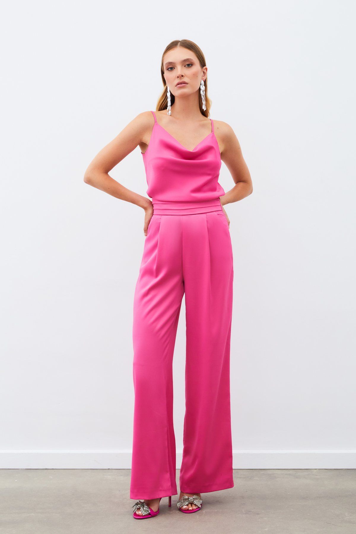 Sateen Cepli Salaş Saten Pantolon - FUŞYA