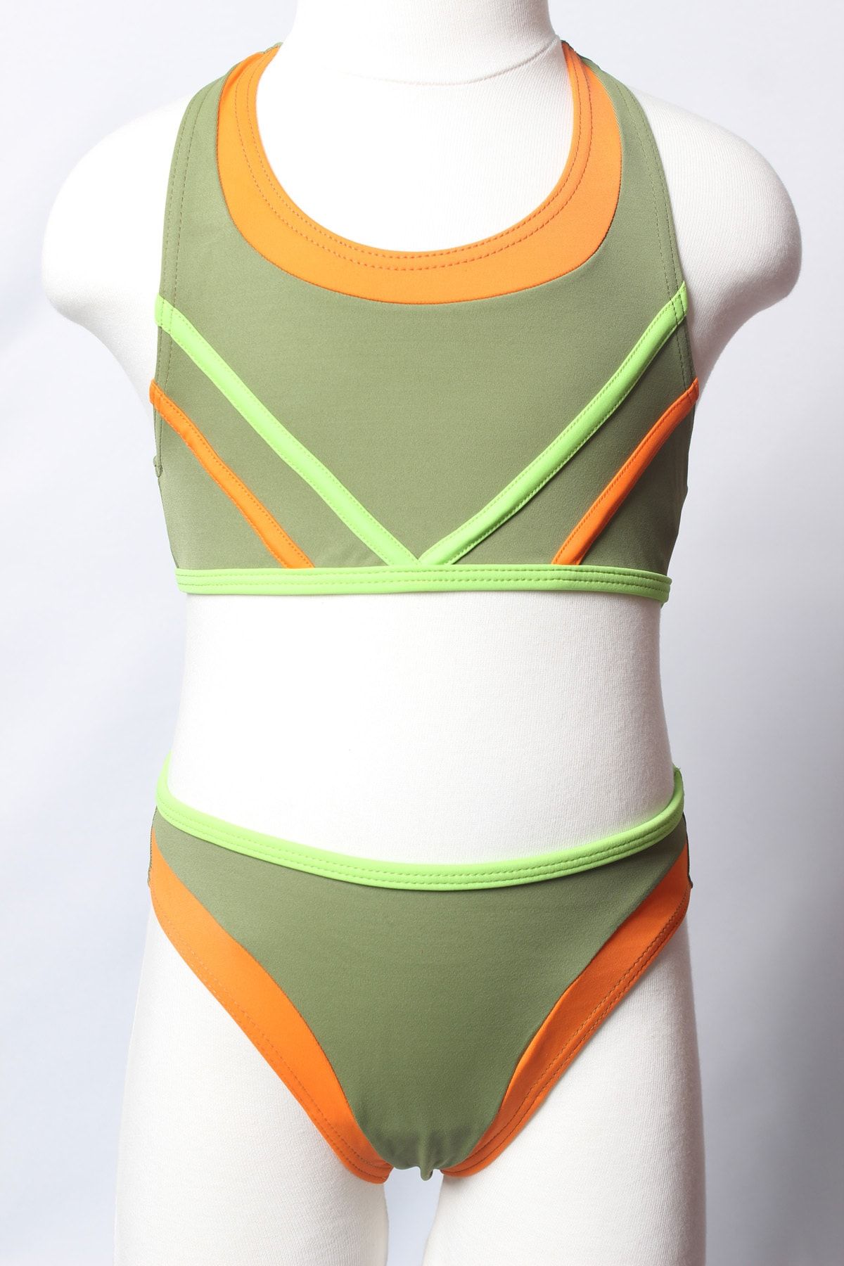 Sude Ayl Kız Çocuk Haki Yüzücü Bustiyer Model Biyeli Alt Üst Düz Bikini Takım 192