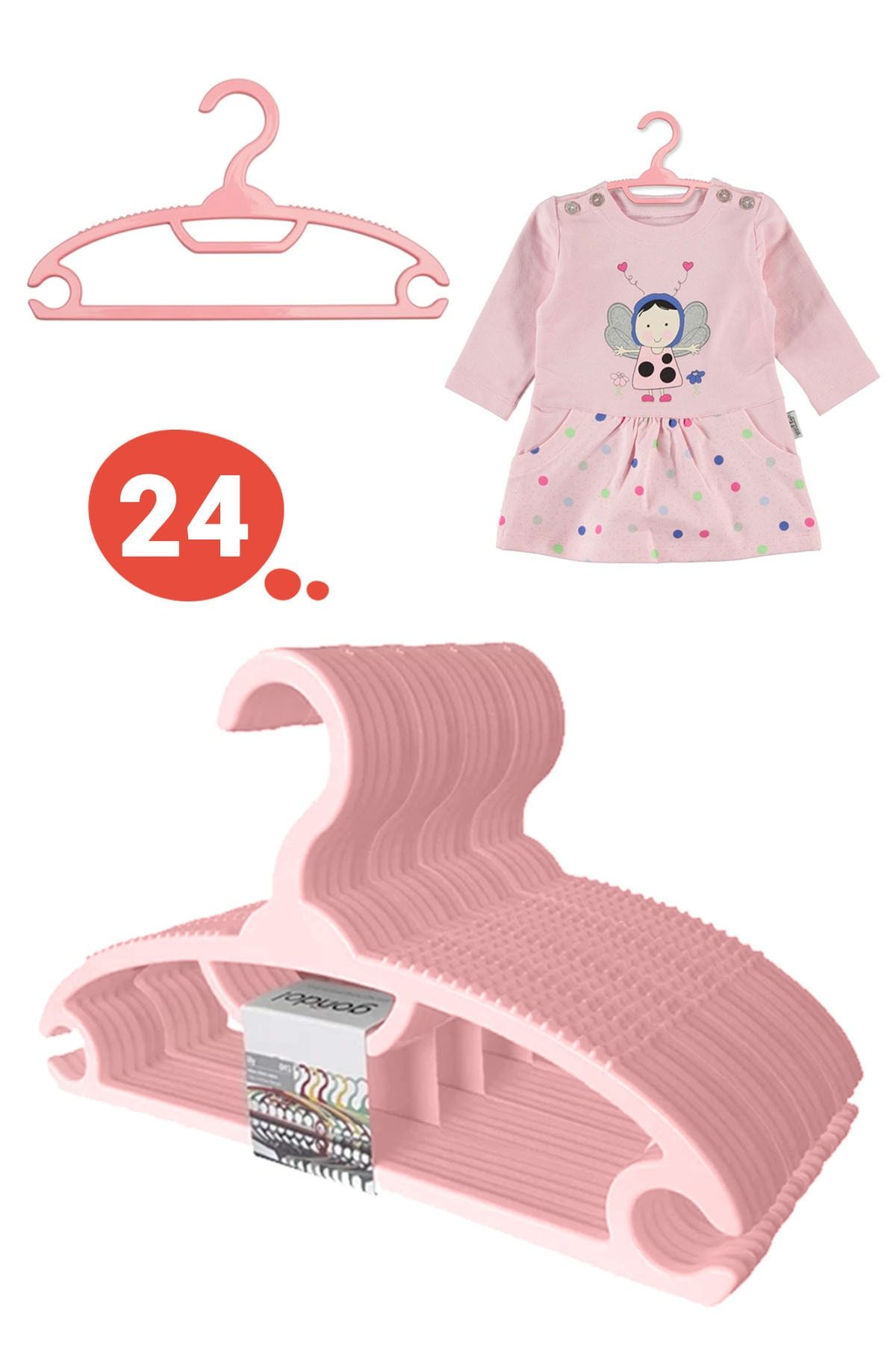 Morpanya Bebek Elbise Askısı Bebek Çocuk Giysi Kıyafet Askısı 24 Adet Gondol Pembe Askı