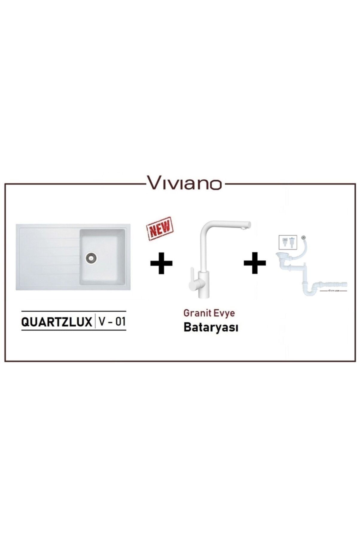 Vıvıano | Viviano| 1 Göz Beyaz 50x86 Cm Granit Evye + Batarya + Sifon