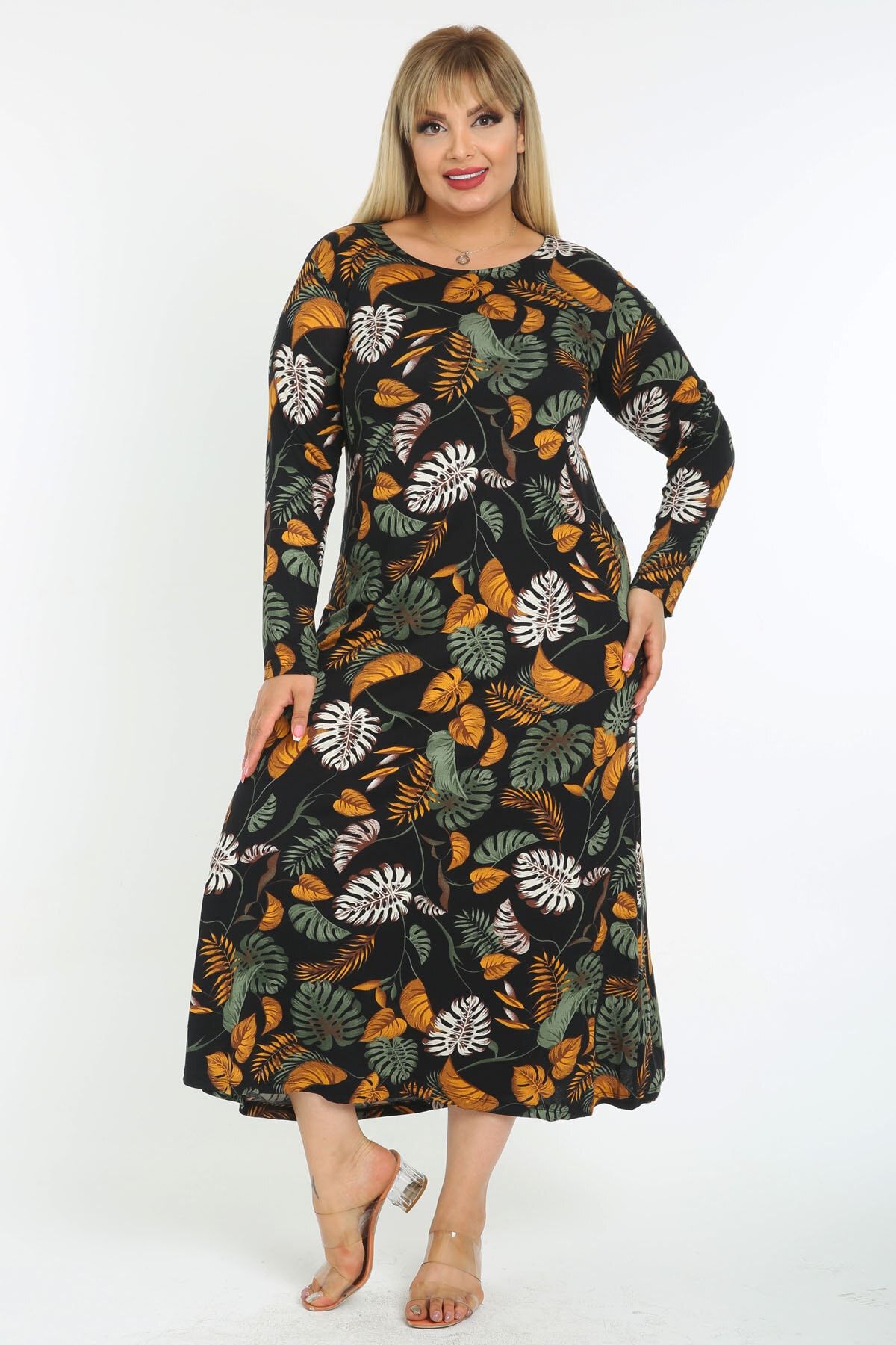 benni butik Kadın Hardal Yeşil Yaprak Desen Büyük Beden Maksi Elbise