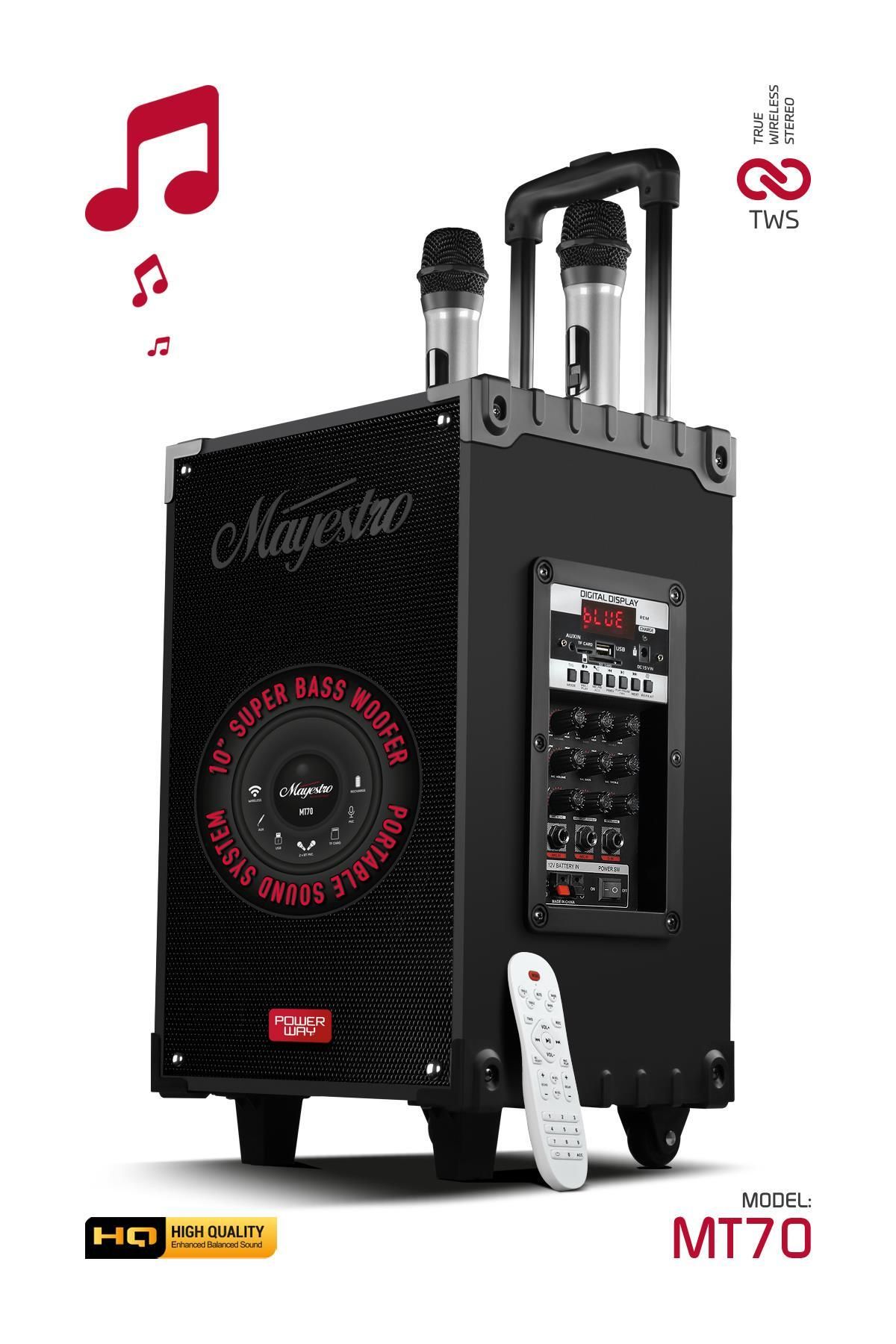 Powerway Şarjlı Çift Mikrofonlu Hoparlör Karaoke Sistemi Taşınabilir Amfi Büyük MT70 Bluetooth Hoparlör