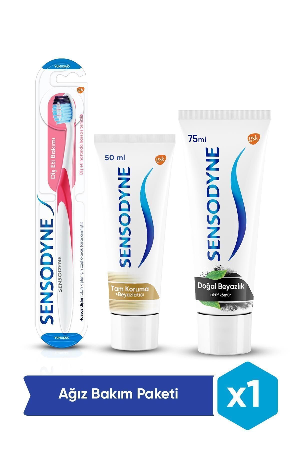Sensodyne Doğal Beyazlık Kömürlü 75 ml + Tam Koruma Beyazlatıcı + Diş Eti Diş Fırçası