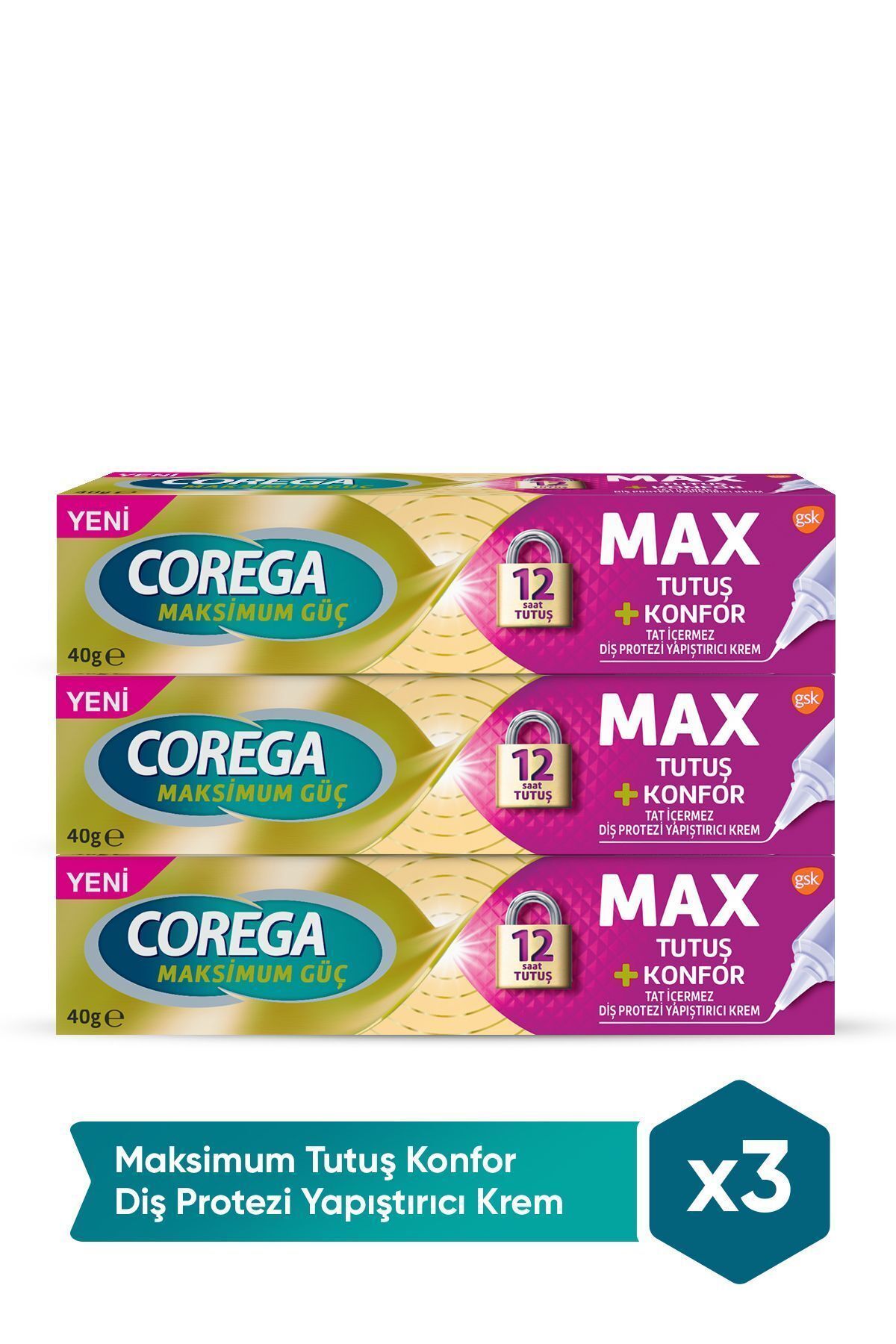 Corega Maksimum Tutuş & Konfor Diş Protezi Yapıştırıcı Krem 40g x 3 Adet