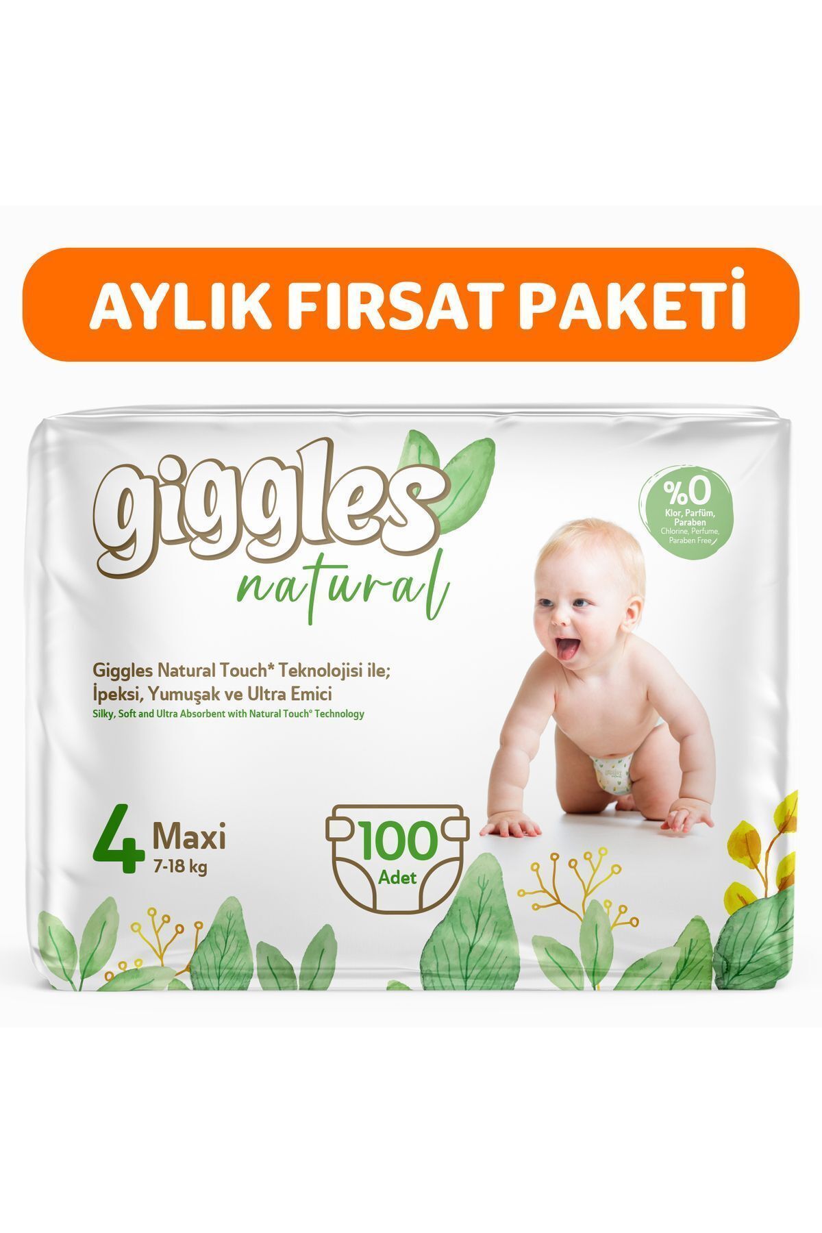 giggles Natural 4 Numara Maxi Pamuklu Bebek Bezi 100 Adet
