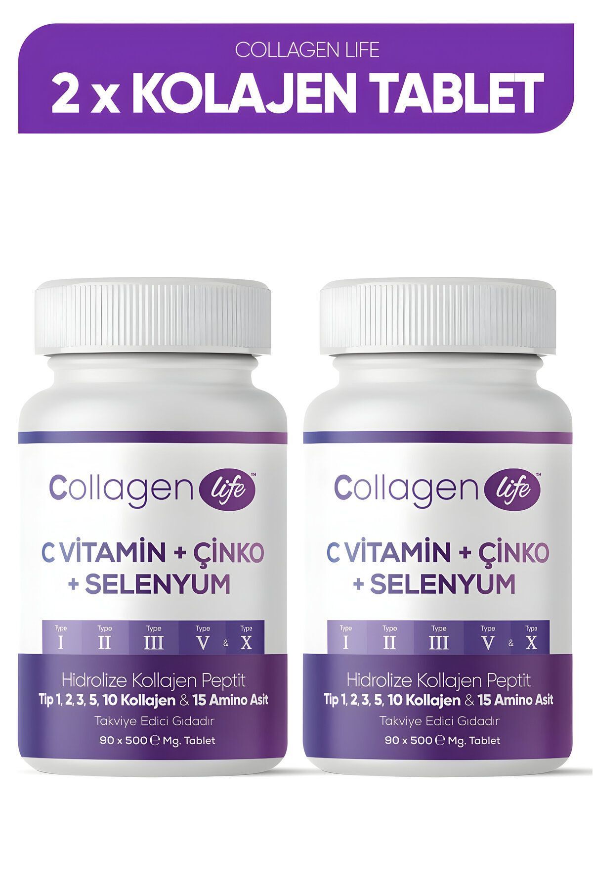 Collagen Life 2'li Fırsat; 5 Tip Kolajen Tip 1 Tip 2 Tip 3 Tip 5 Tip 10, Selenyum , C Vitamini Ve Çinko 180 Tablet