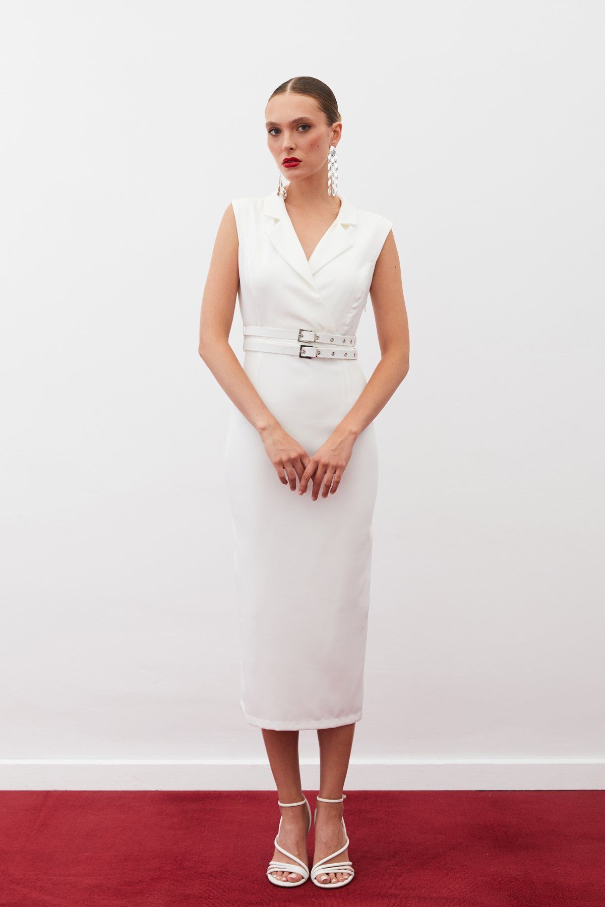 Sateen Kemerli Midi Elbise - EKRU