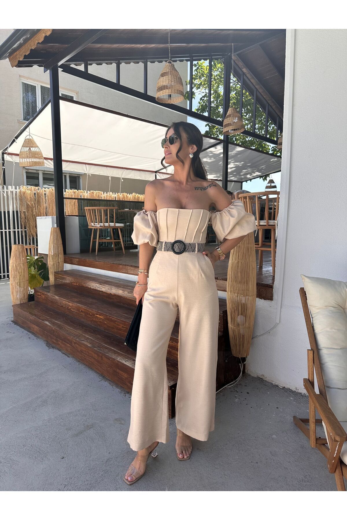 MODA Balon kol kemerli uzun kadın tulum