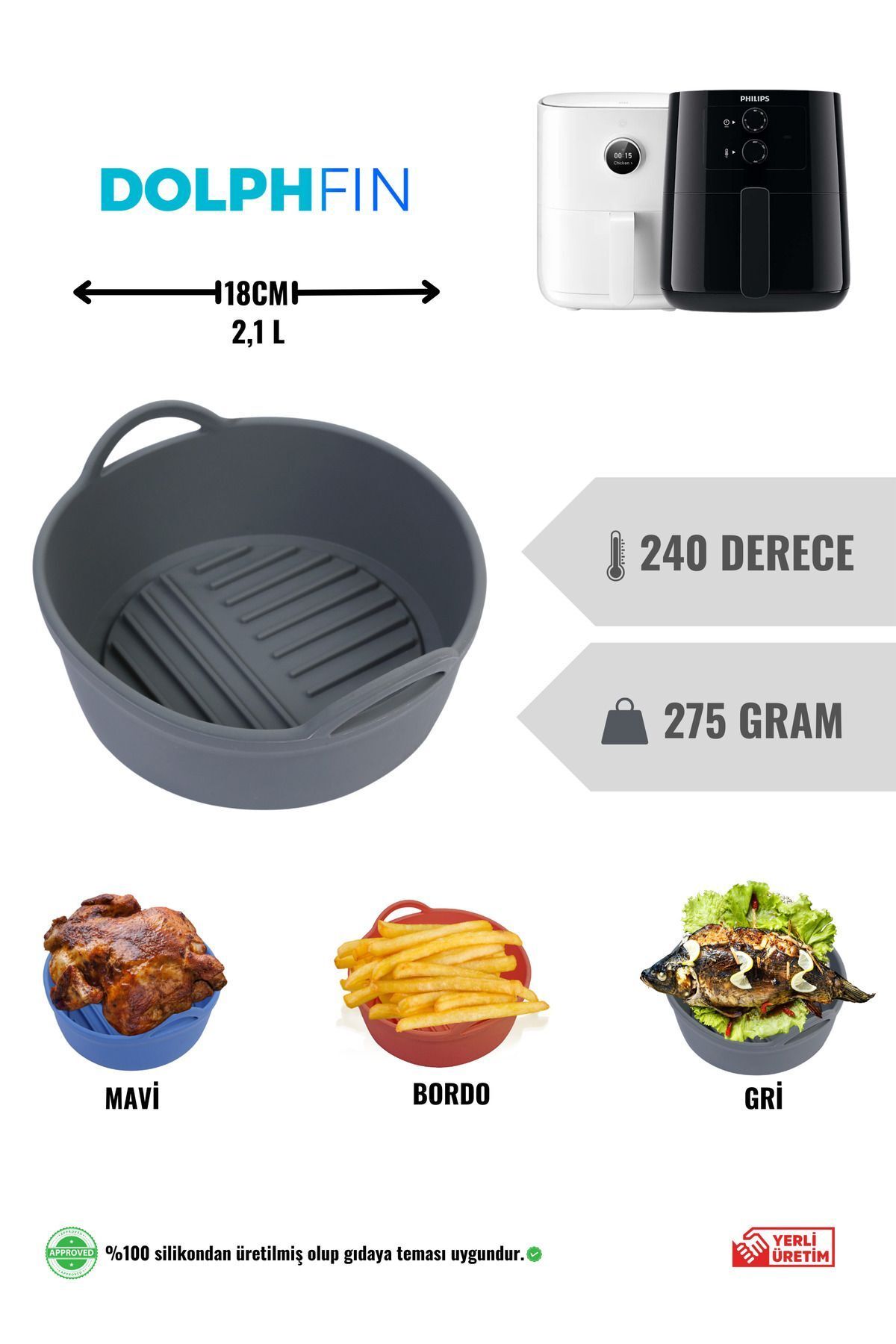 DolphFin Air Fryer Silikon Pişirme Kabı Yemek Ve Kek Kalıbı Xiaomi 3,5l Ve Philips 4,1l Uyumlu Özel Tasarım