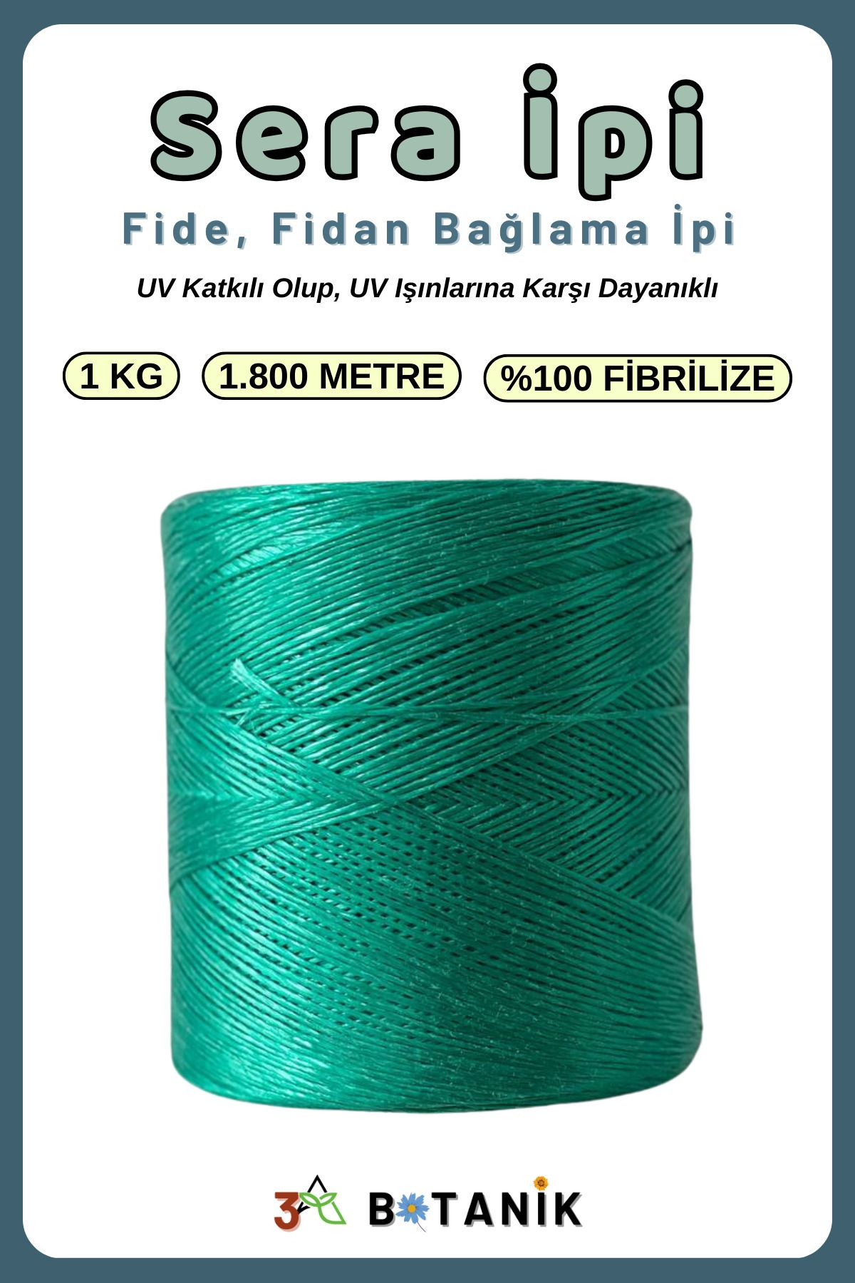3A BOTANİK Sera İpi, Fide-Fidan Bağlama İpi, Domates-Salatalık Bağlama İpi, 1 KG/1.800 M, Yeşil