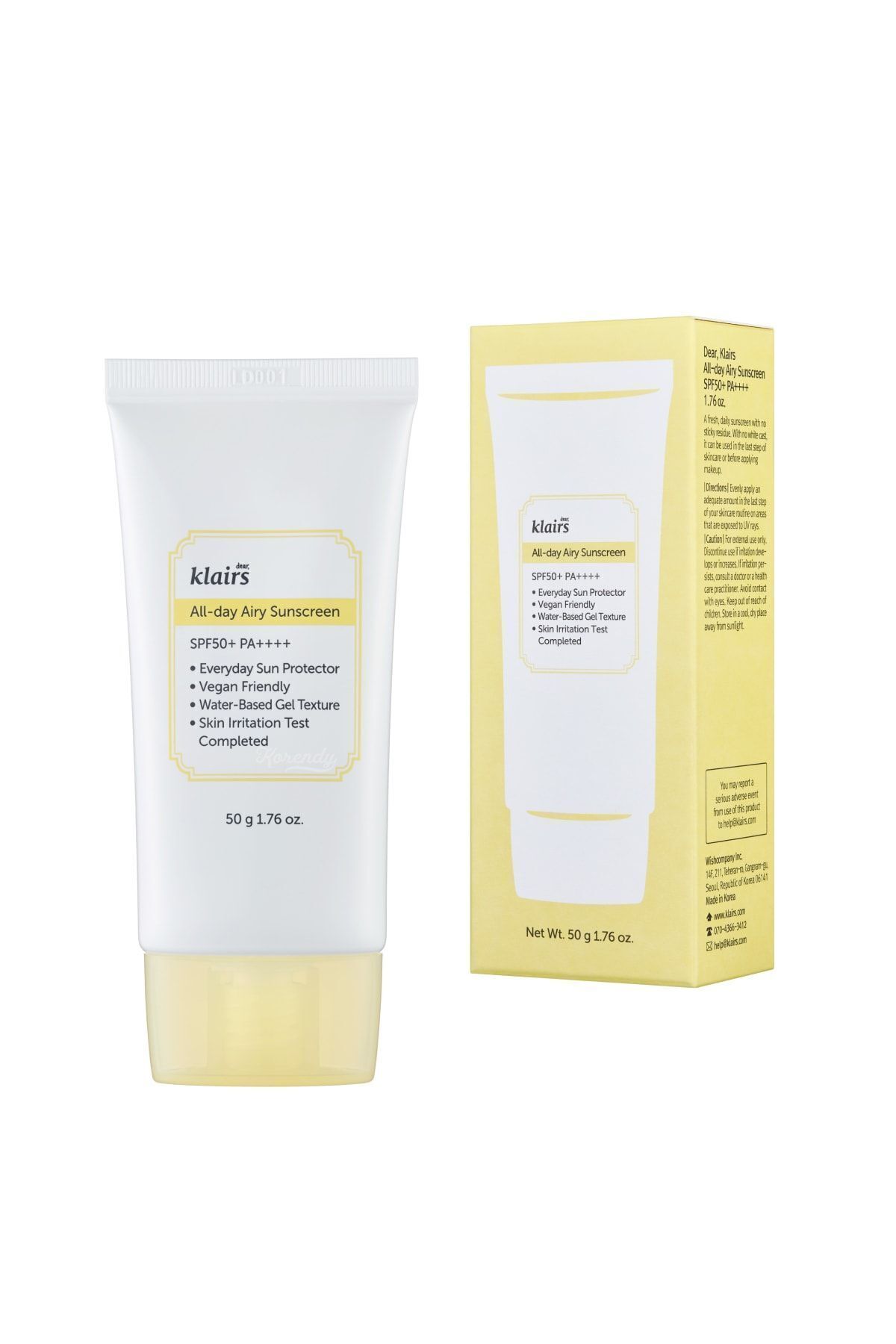 Dear Klairs All Day Airy Sunscreen Spf 50 Pa (KORENDY) Hafif Dokulu Su Bazlı Kimyasal Filtreli Güneş Kremi 50gr