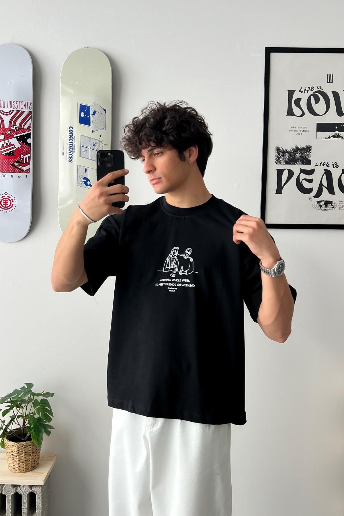 Flaw Wear Cheers Bro Baskılı Siyah Oversize Tişört