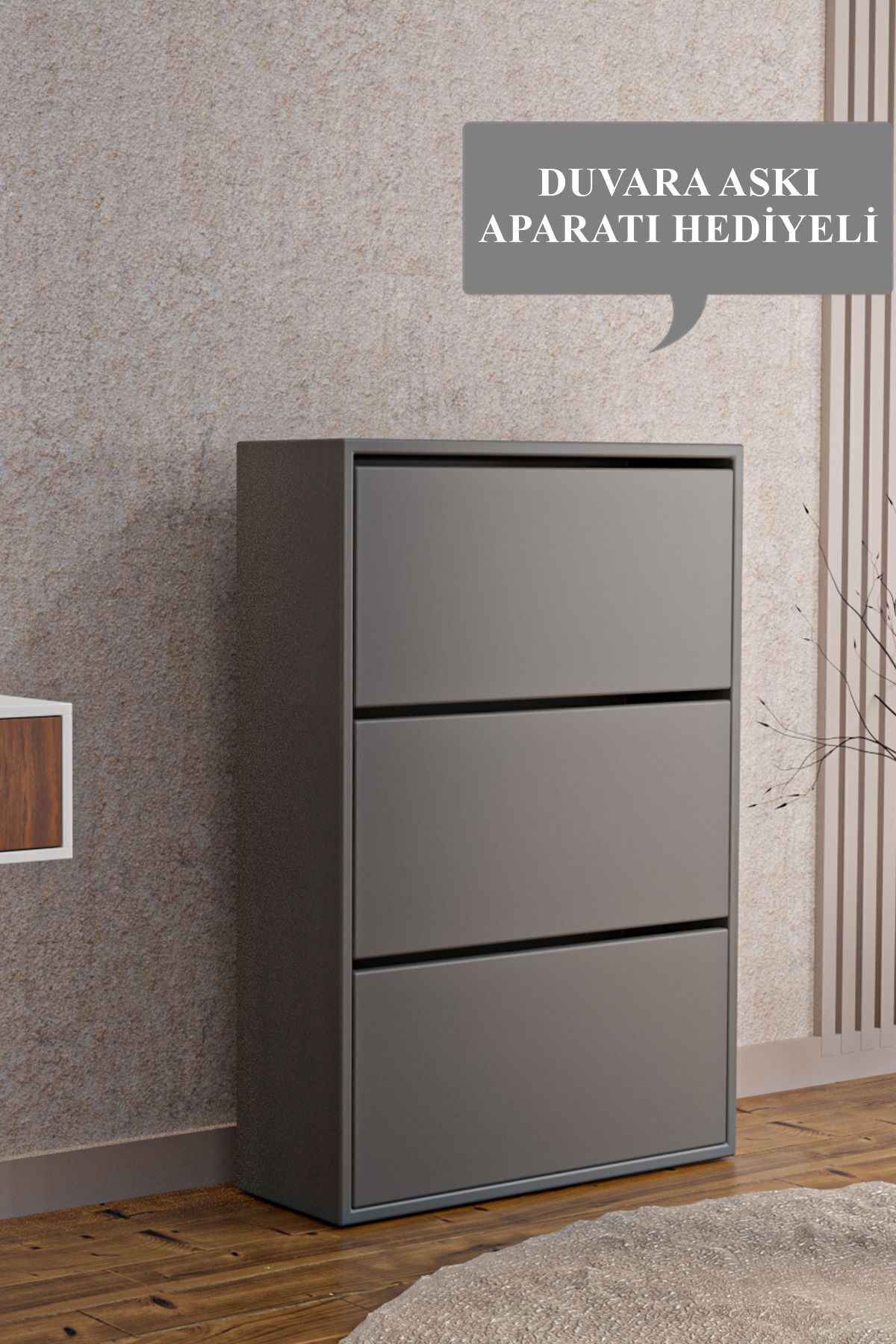 Aeka AE-1078 Vizyon Ayakkabılık Duvara Monte Edilebilir, Antrasit Düşer Kapak, 3 Kapaklı, 6 Raflı, 110 cm