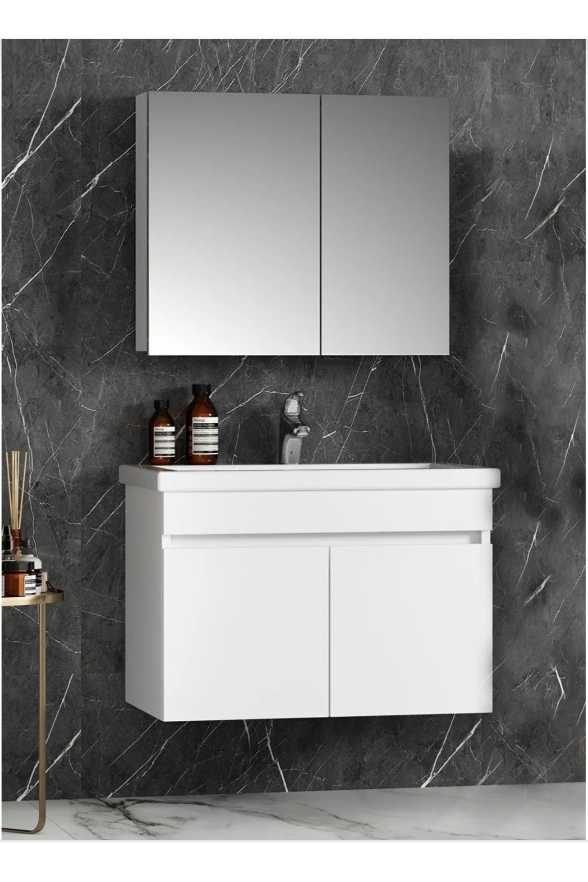 Erva Banyo Ve Mobilya 80 Cm Parlak Beyaz Mdf Ikili Banyo Dolabı Takimi
