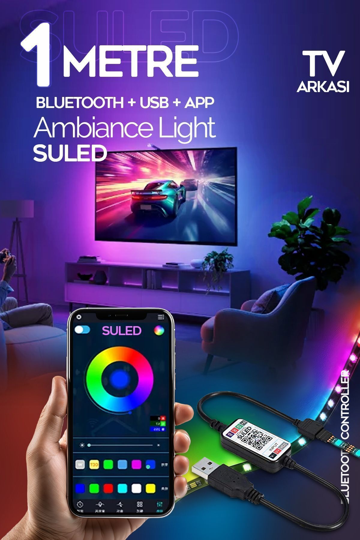 SULED 1 Metre TV Arkası & Ortam Ambiyans Bluetooth IOS & Android Telefondan Kontrollü RGB Smart Şerit Led