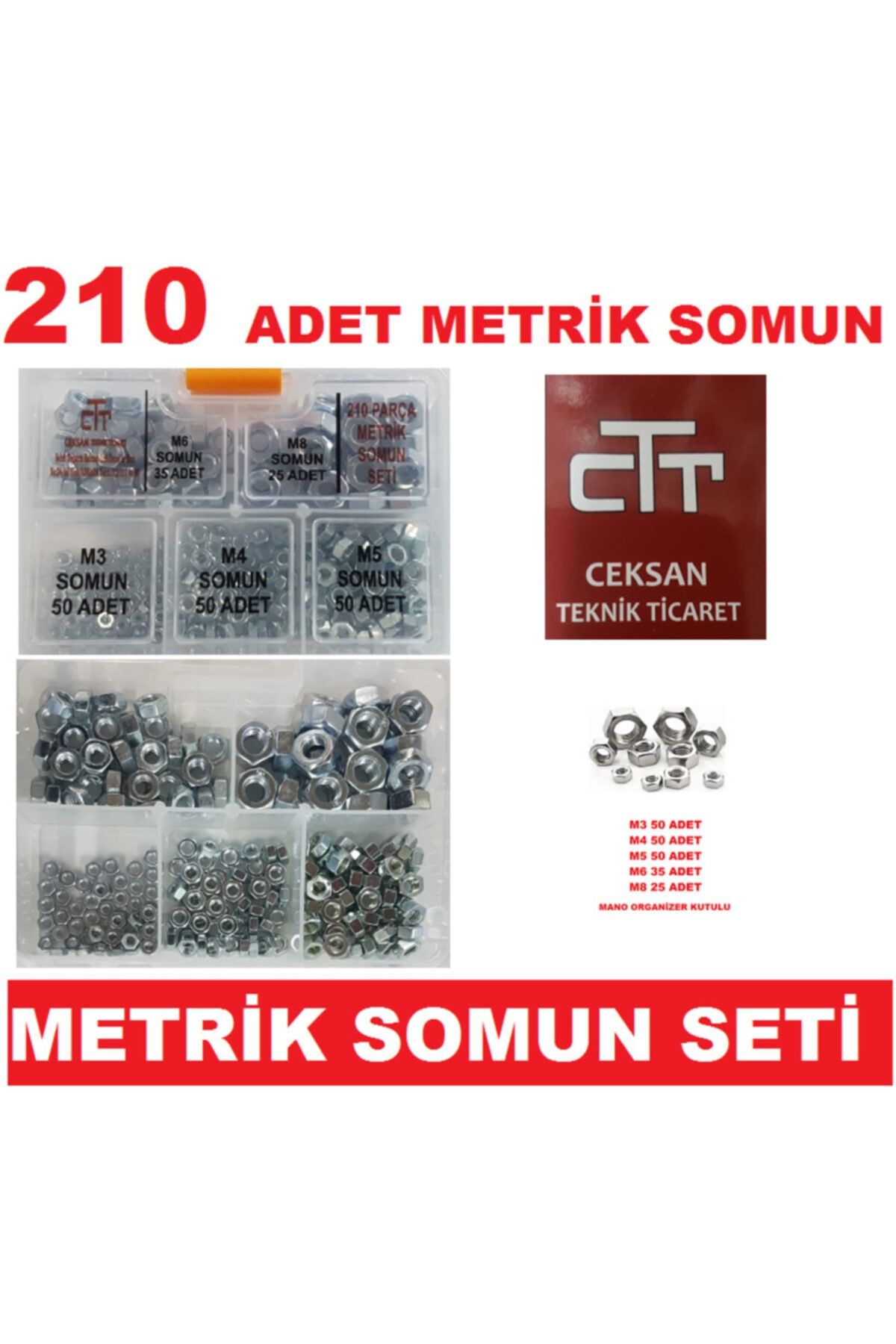 CEKSAN Somun Seti 210 Parça -metrik Somun Set M3-m4-m5-m6-m8 Kullanışlı Somun Seti-organizer Kutulu