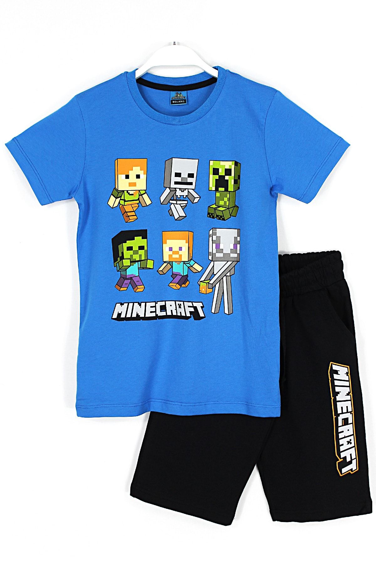 Minecraft Karakterleri Baskılı Erkek Çocuk Kapri T-shirt 2'li Takım Mavi Siyah