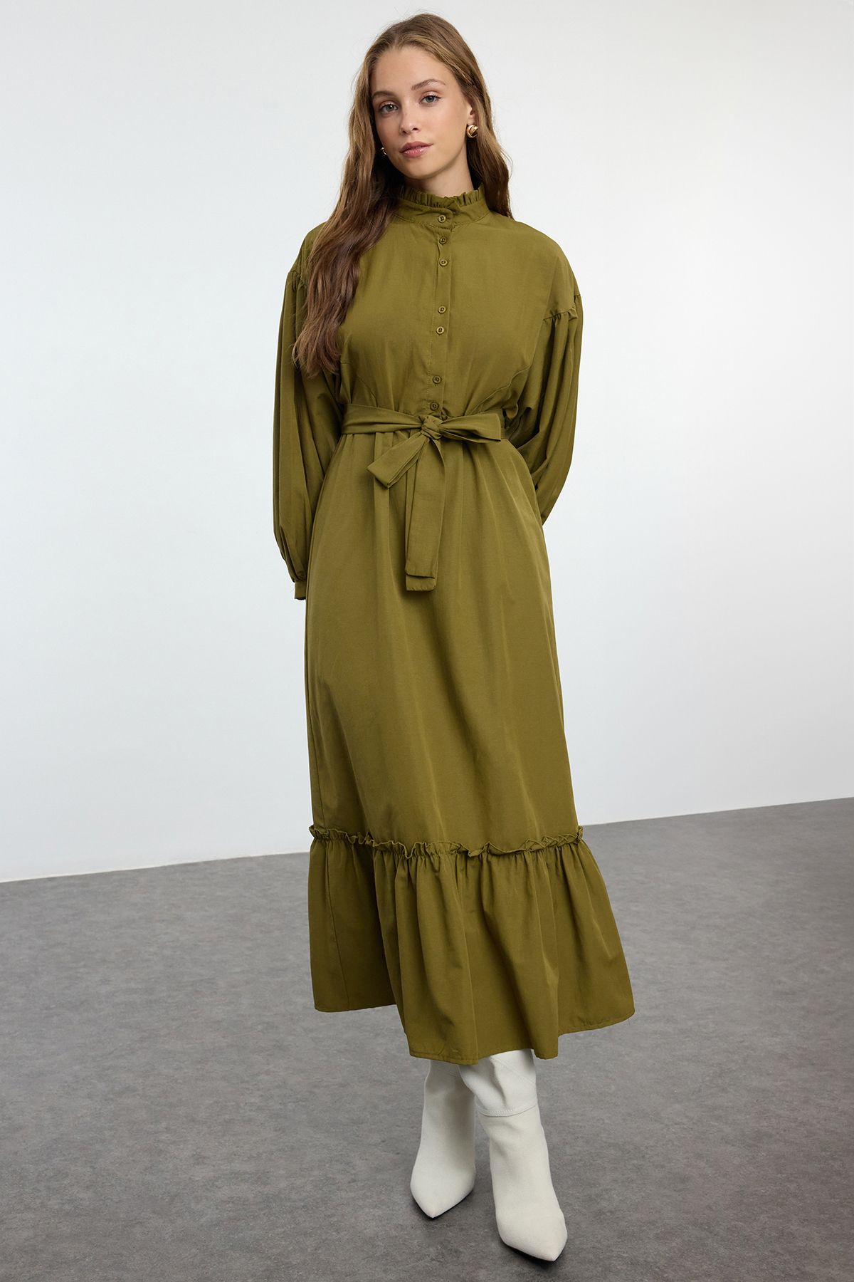 TRENDYOL MODEST Haki Kruvaze Bağlamalı Pamuklu Dokuma Elbise TCTAW25EB00104