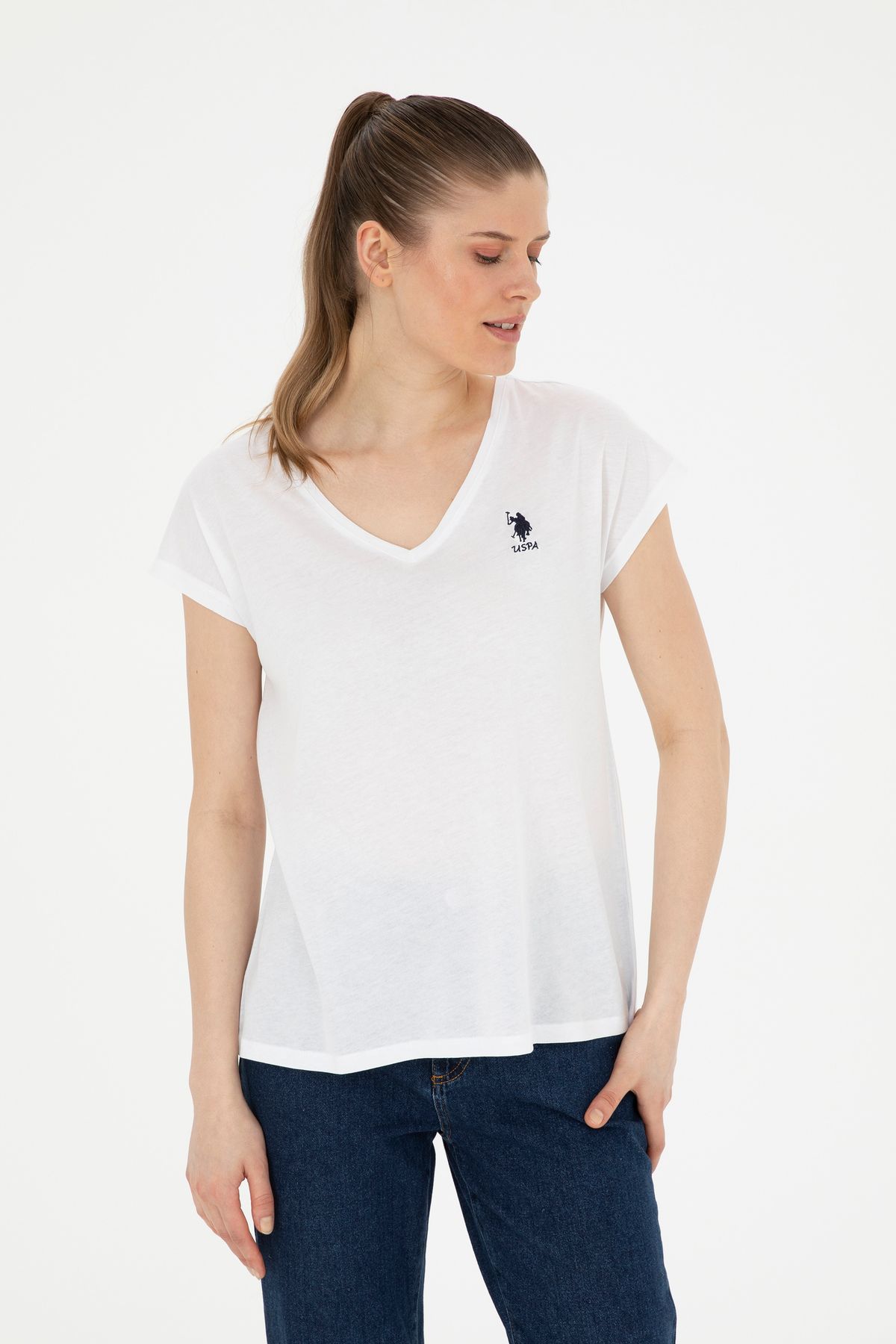 U.S. Polo Assn. Kadın Beyaz V Yaka Basic Tişört 50285849-VR013