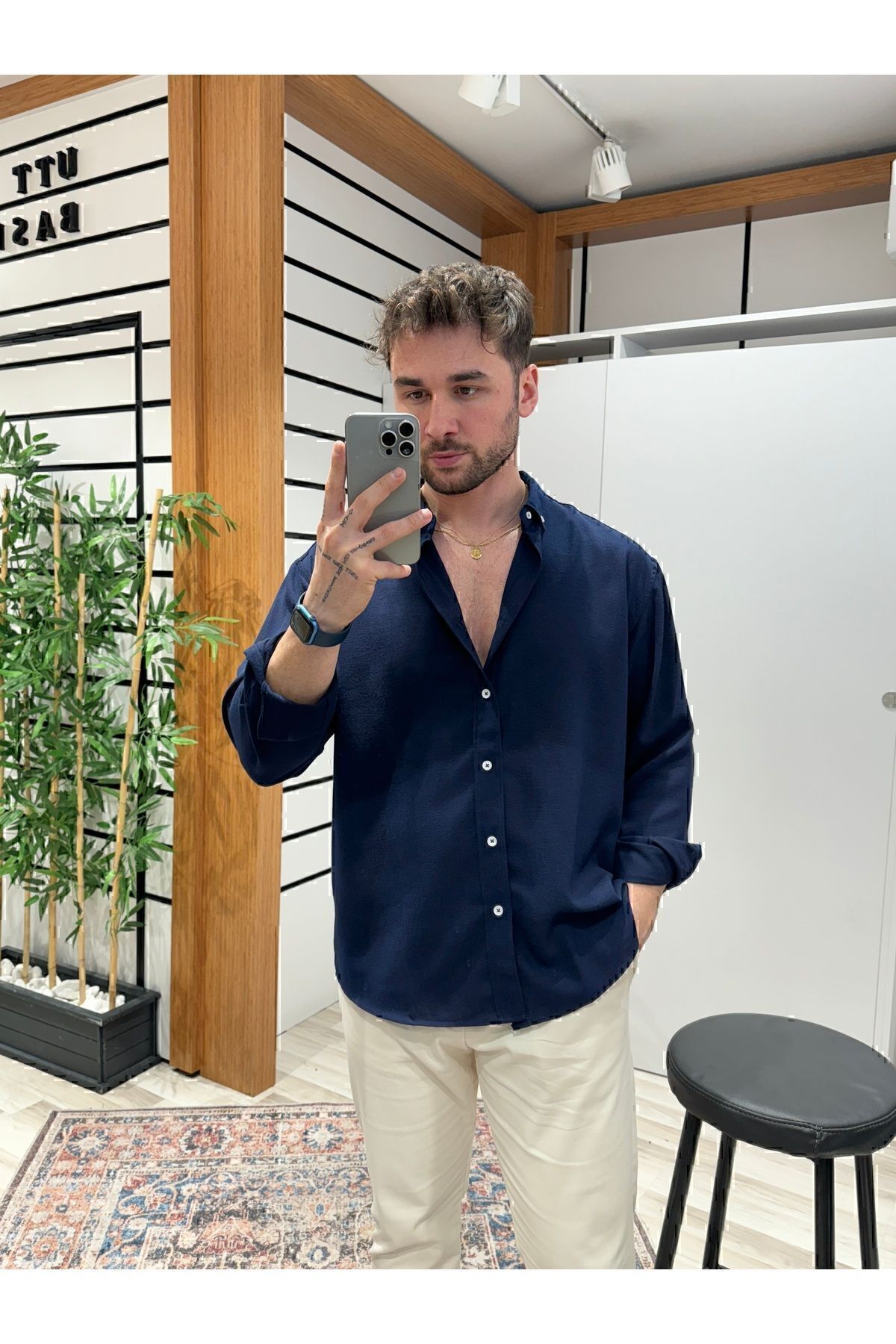 UTTBASİC Lacivert  Oversize Dokulu Gömlek