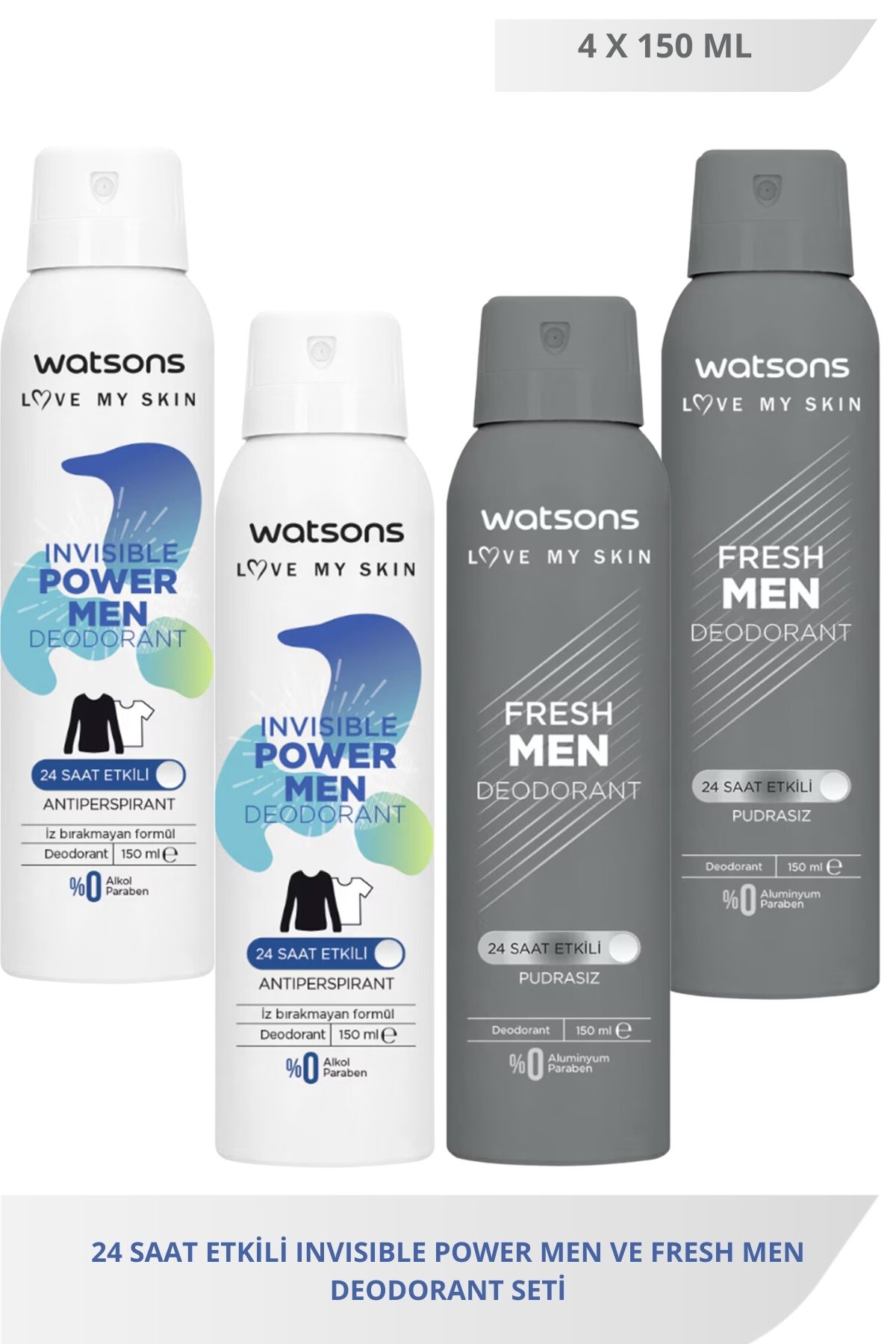 Watsons Invisible Power Men 150 Ml X2 ve Fresh Men 150 Ml X2 Deodorant Seti