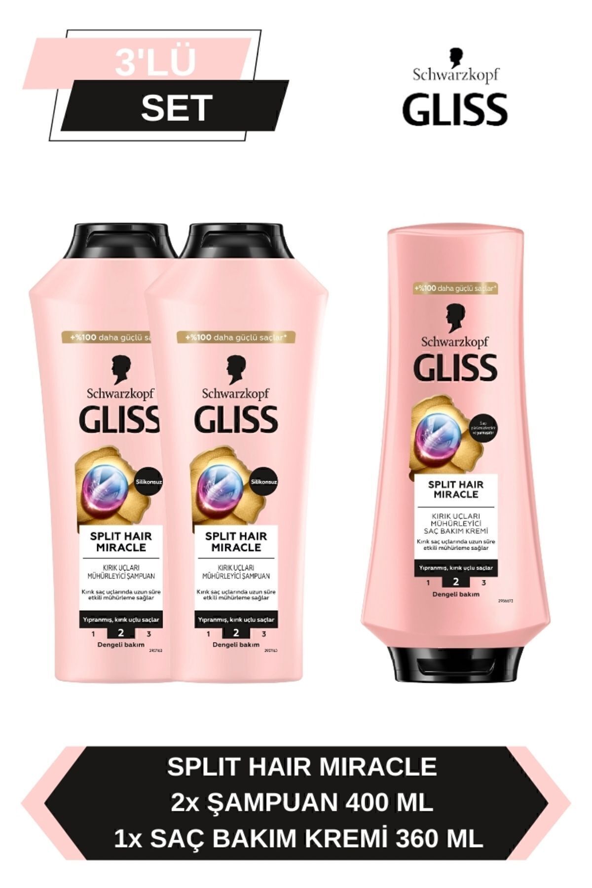 Gliss Split Hair Miracle Şampuan 400 Ml X 2 Adet + Split Hair Miracle Saç Kremi 360 Ml