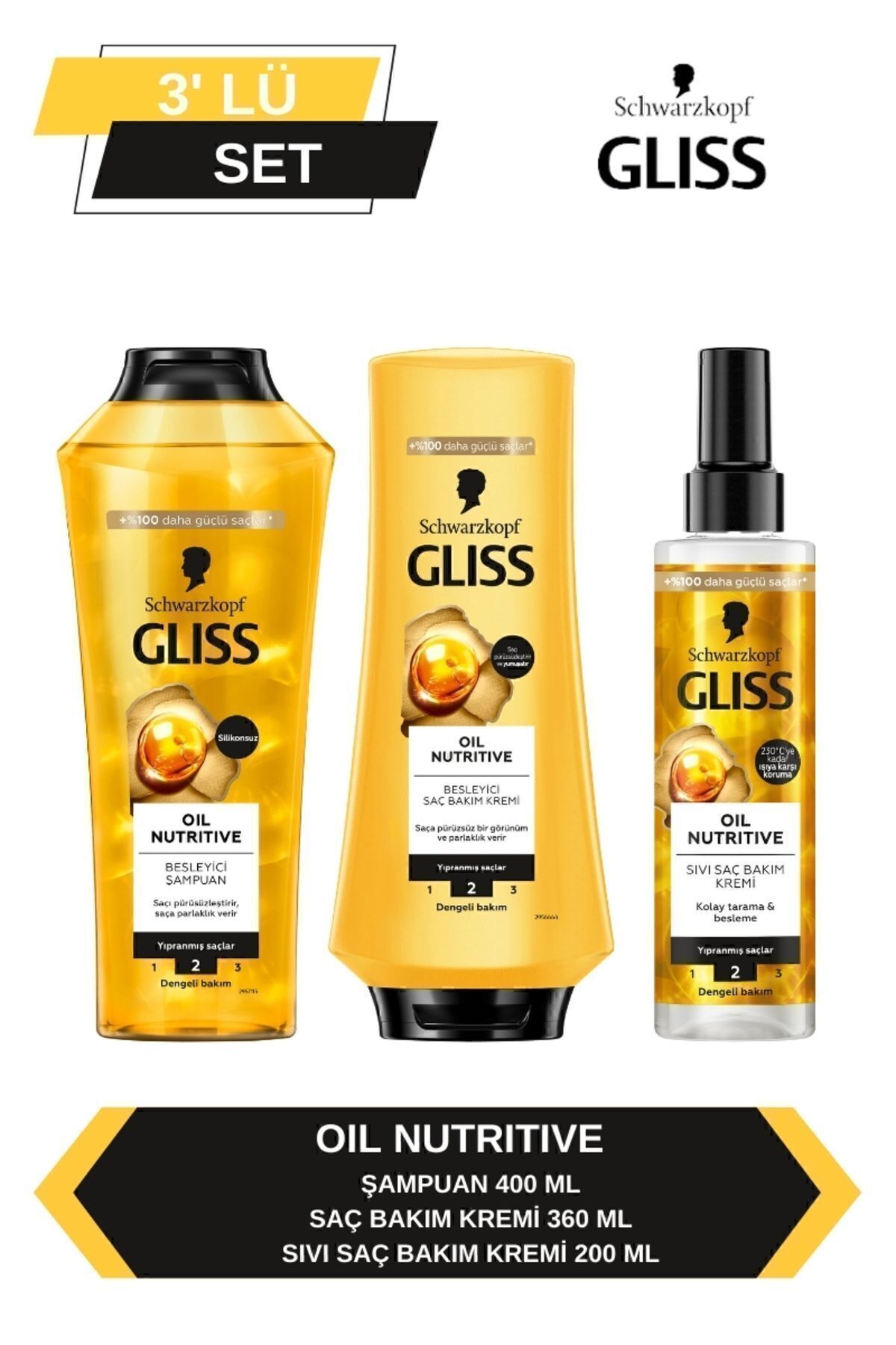 Gliss Oil Nutritive Şampuan 400ml + Saç Kremi 360ml + Sıvı Saç Kremi 200 ml