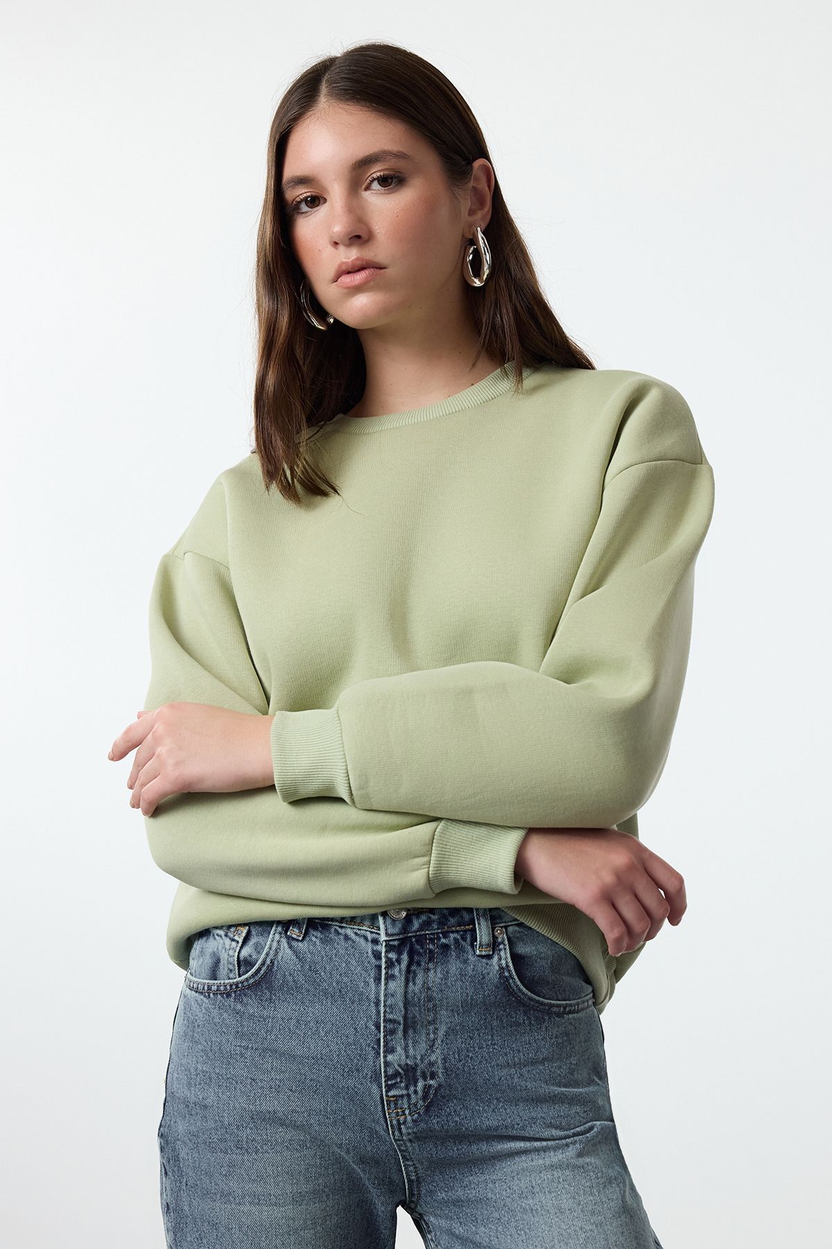 TRENDYOLMİLLA Mint Kalın İçi Polarlı Regular/Normal Kalıp Bisiklet Yaka Basic Örme Sweatshirt TWOAW24SW00101