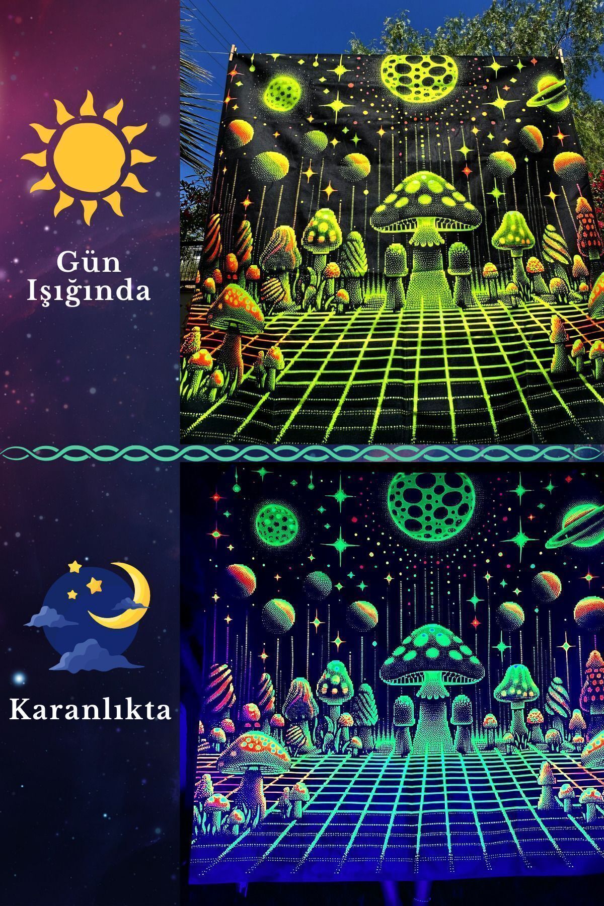 WANDER TAPESTRY Mushrooms in the Matrix / Blacklight ile Parlayan Neon Duvar Örtüsü Kalın ve Ağır Kumaş Tapestry