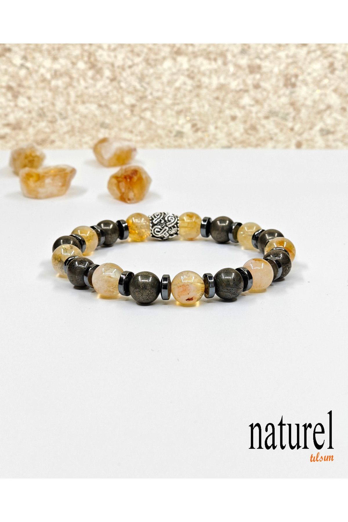 Naturel Tılsım Doğal Taş Sitrin & Pirit Unisex Bileklik - Para Ve Bolluk Bereket Doğal Şifalı Taş Sitrin