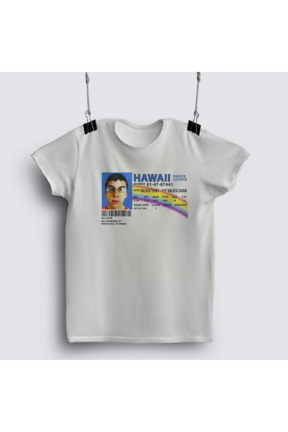 Fizello Mclovin Superbad Drivers License T-shirt, Erkek Tişört, Kadın Tişört, Unisex Beyaz T-shirt