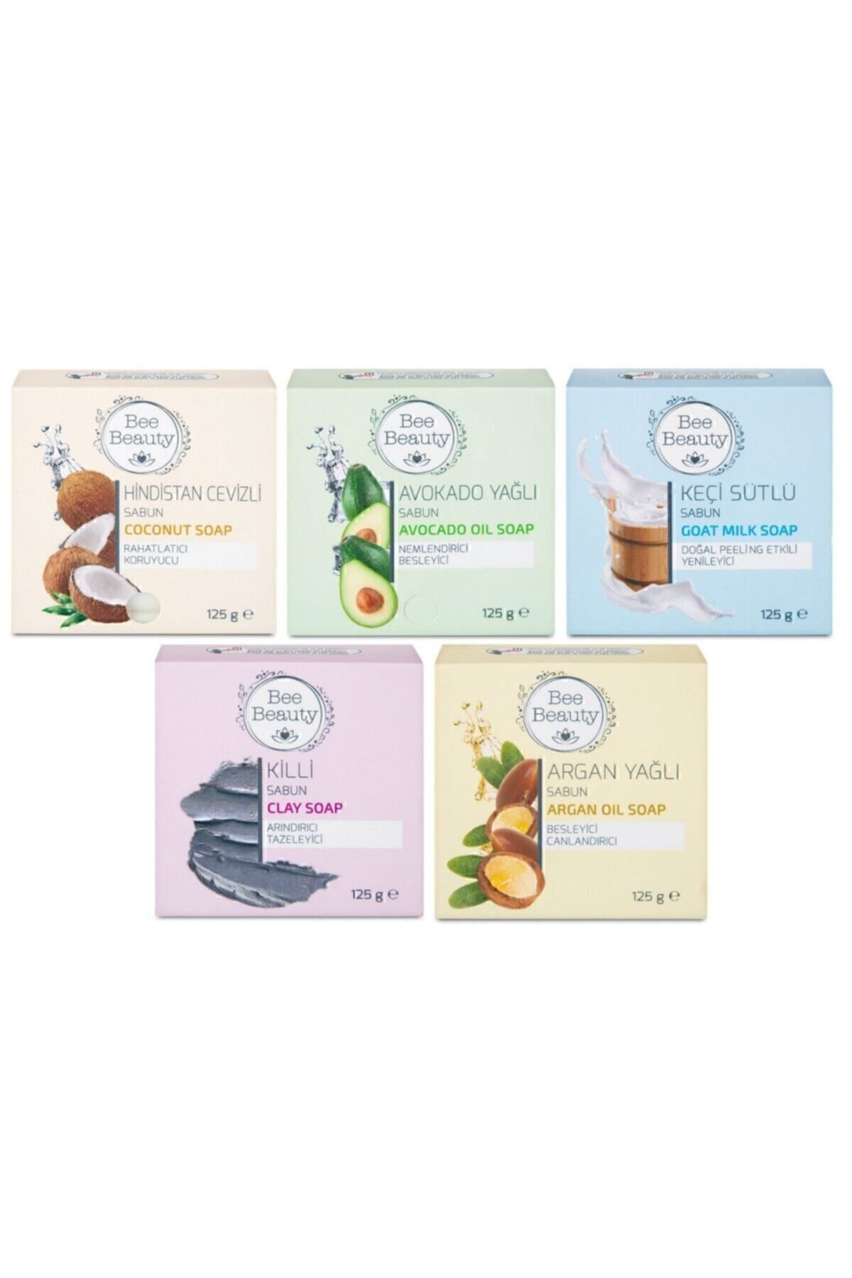 Bee Beauty Hindistan Cevizli + Avokado Yağlı + Keçi Sütlü + Killi + Argan Yağlı Katı Sabun(5'li Set)