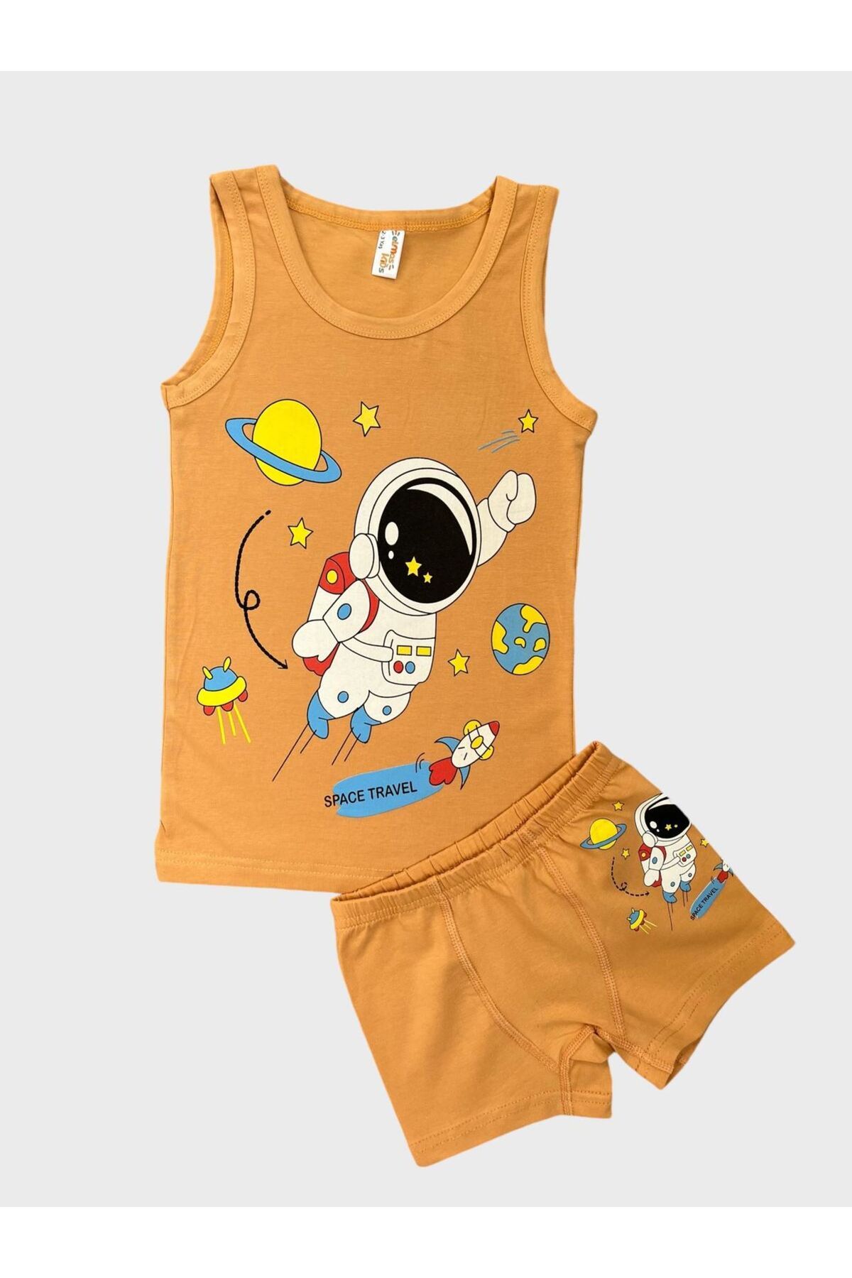 Fil Kids Erkek Çocuk Pamuklu Astronot Uzay Ve Roket Desenli Açık Kahverengi Atlet Boxer Takımı