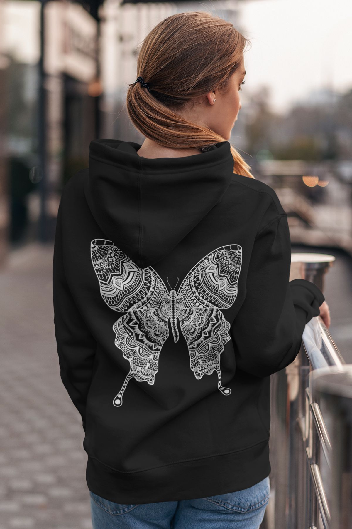MYADA Yeni Sezon Kelebek Çizim Baskılı Oversize Kadın Kapşonlu Sweatshirt